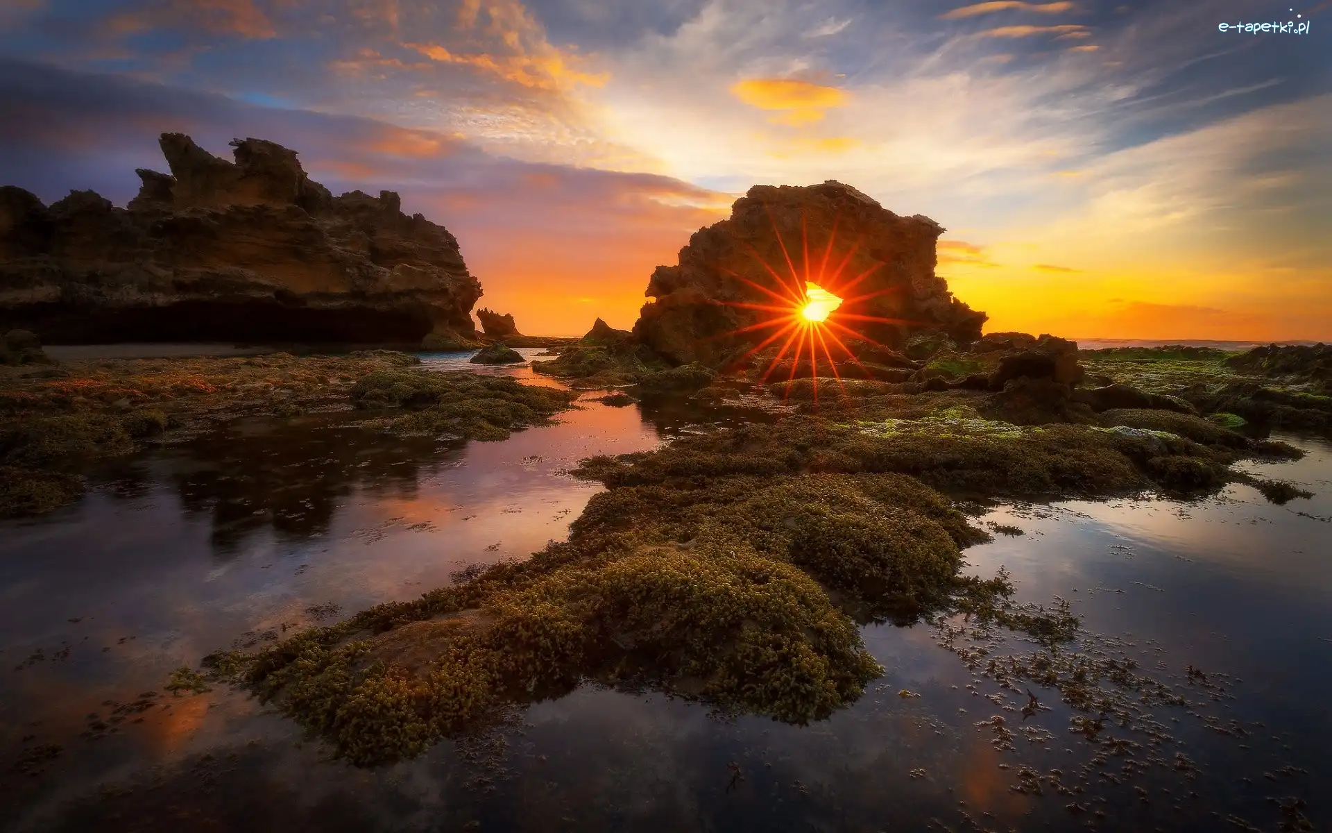 Plaża Bridgewater Bay, Półwysep Mornington, Roślinność, Skały, Park Narodowy Mornington Peninsula, Zatoka, Zachód słońca, Australia