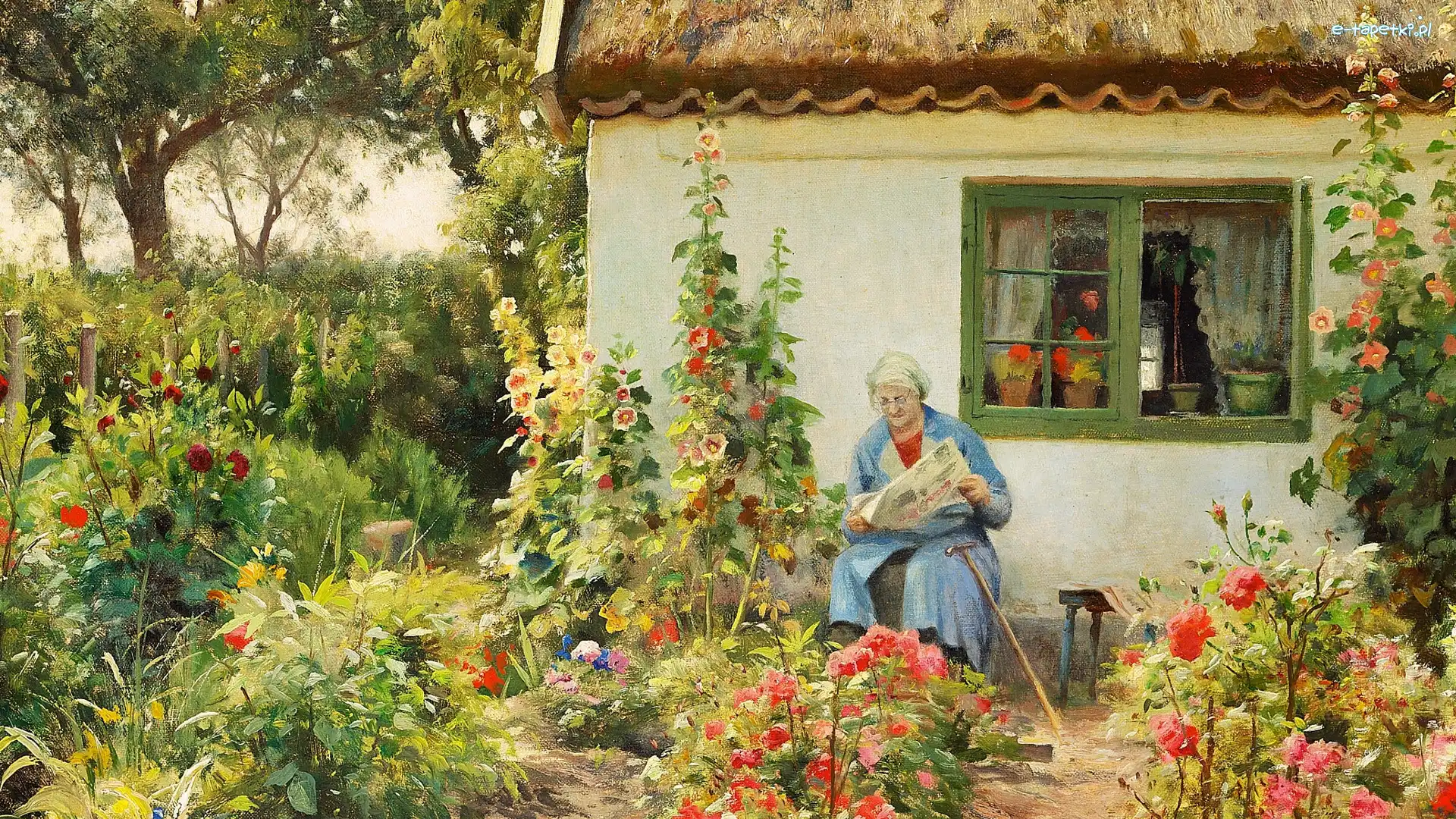 Kwiaty, Babcia, Peder Monsted, Obraz, Ogród, Dom, Malarstwo, Kobieta