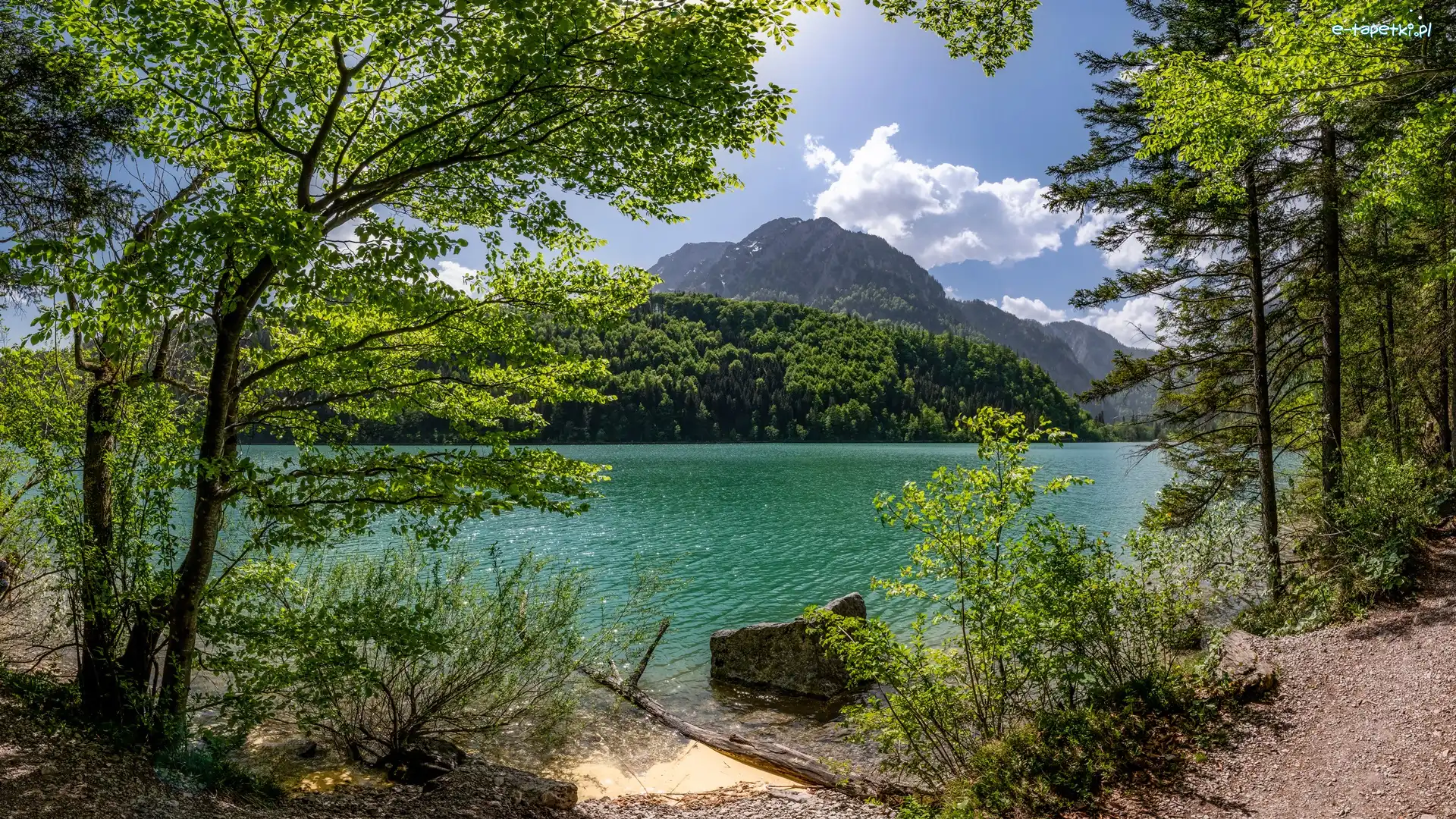 Drzewa, Góry, Jezioro Leopoldsteinersee, Chmury, Styria, Austria