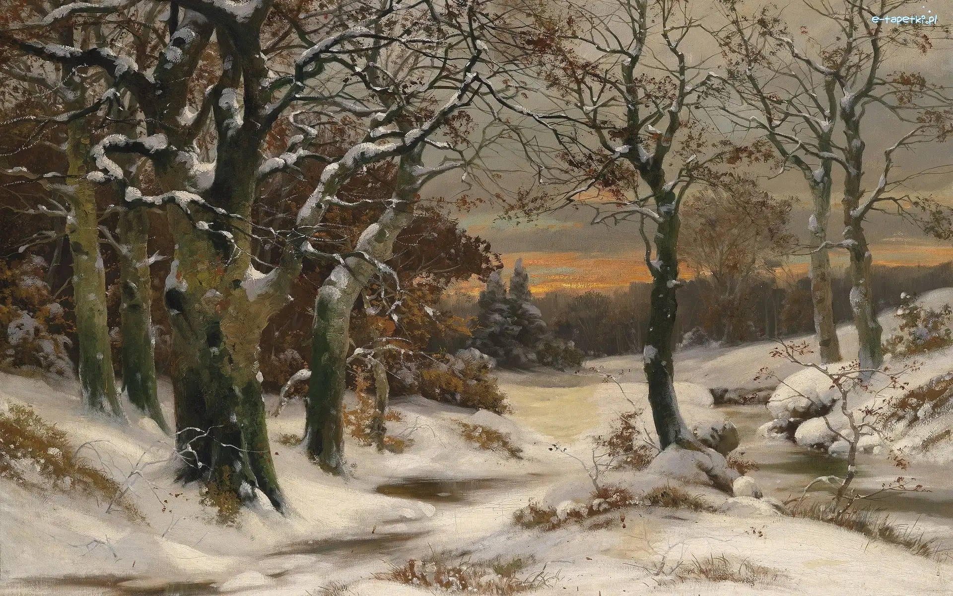 Las, Malarstwo, Alois Arnegger, Zachód słońca, Zima, Drzewa, Rzeka, Obraz