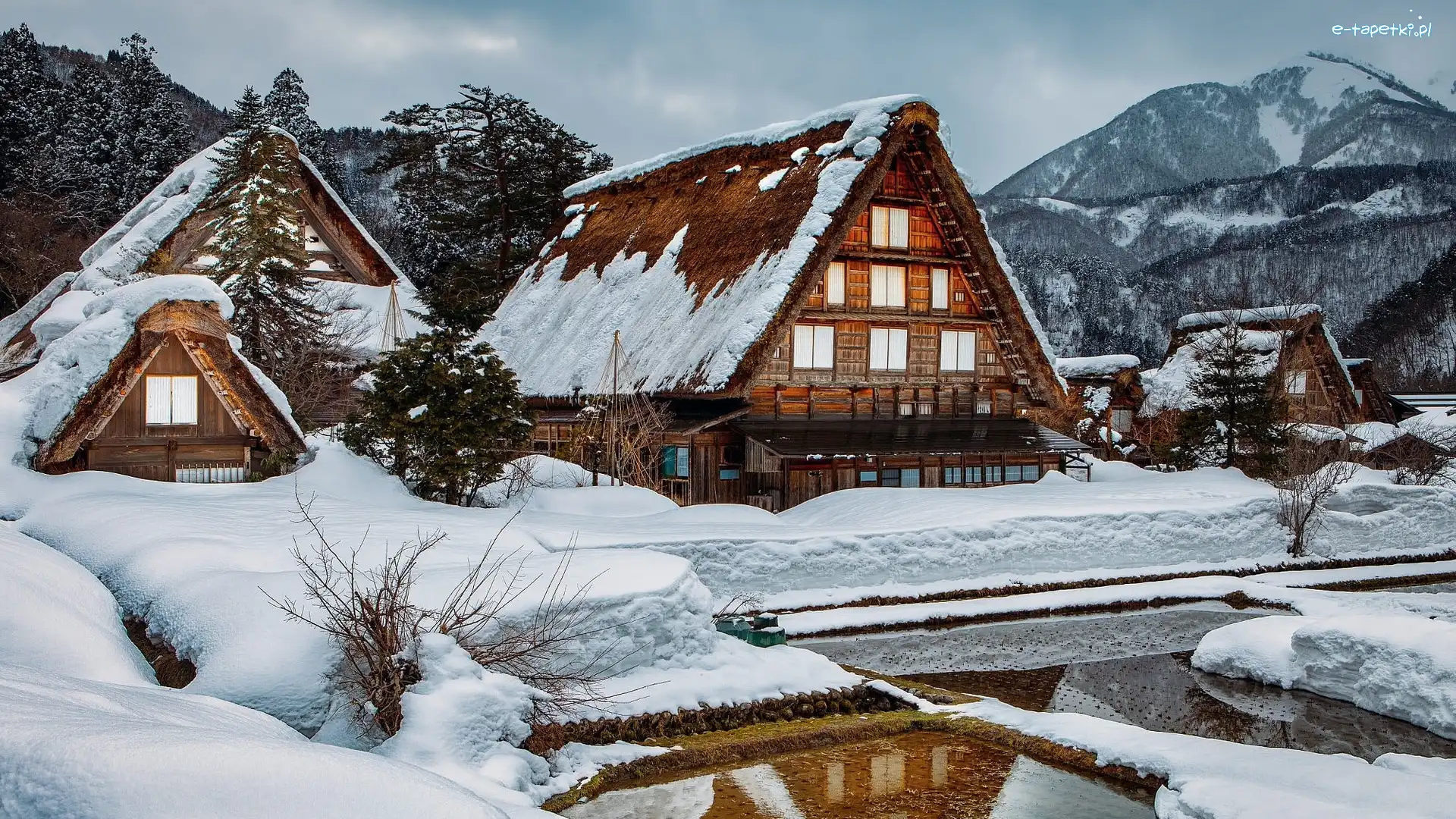 Zima, Wieś Shirakawa, Staw, Drzewa, Prefektura Gifu, Domy, Góry, Japonia