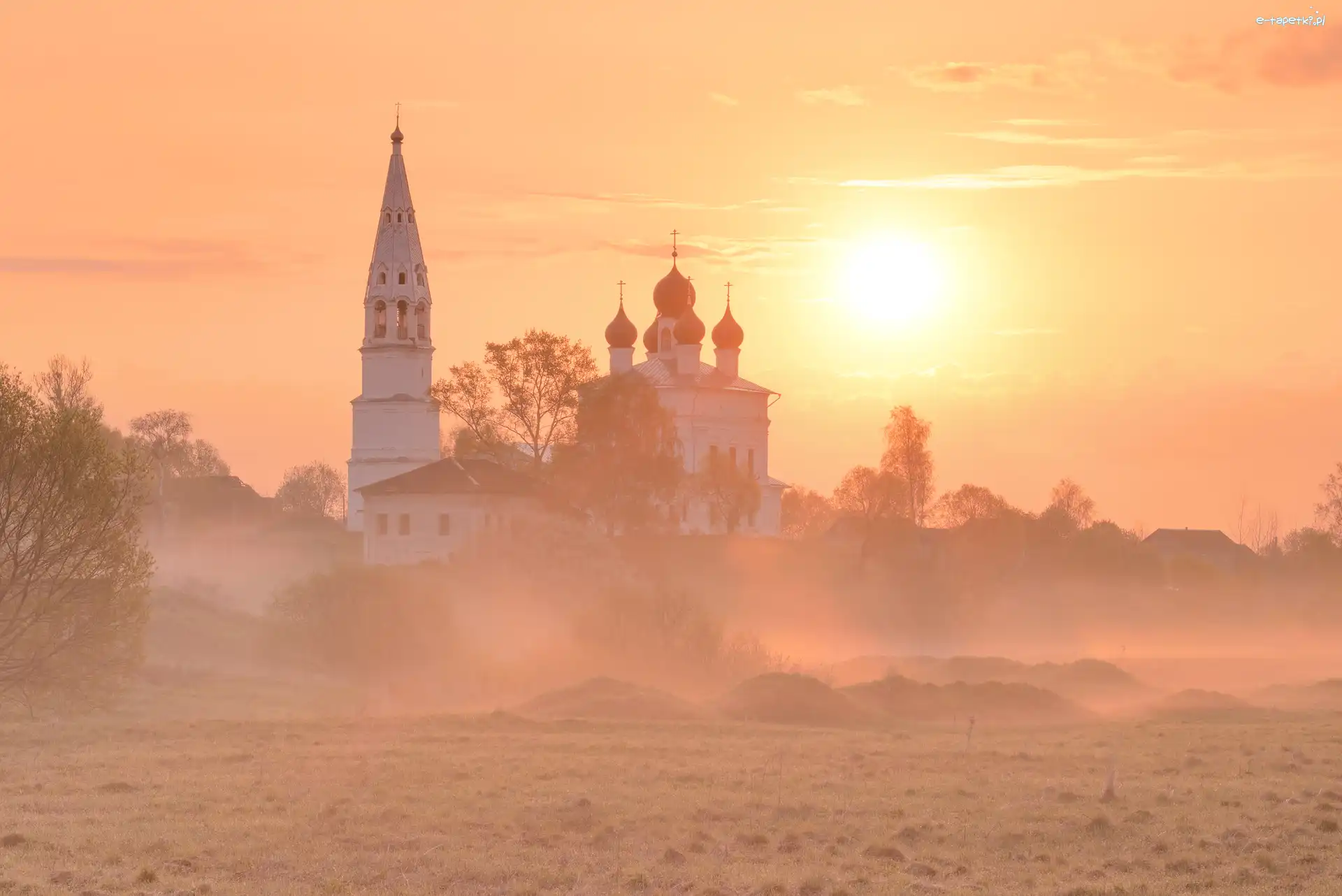 Mgła, Cerkiew, Drzewa, Wschód słońca