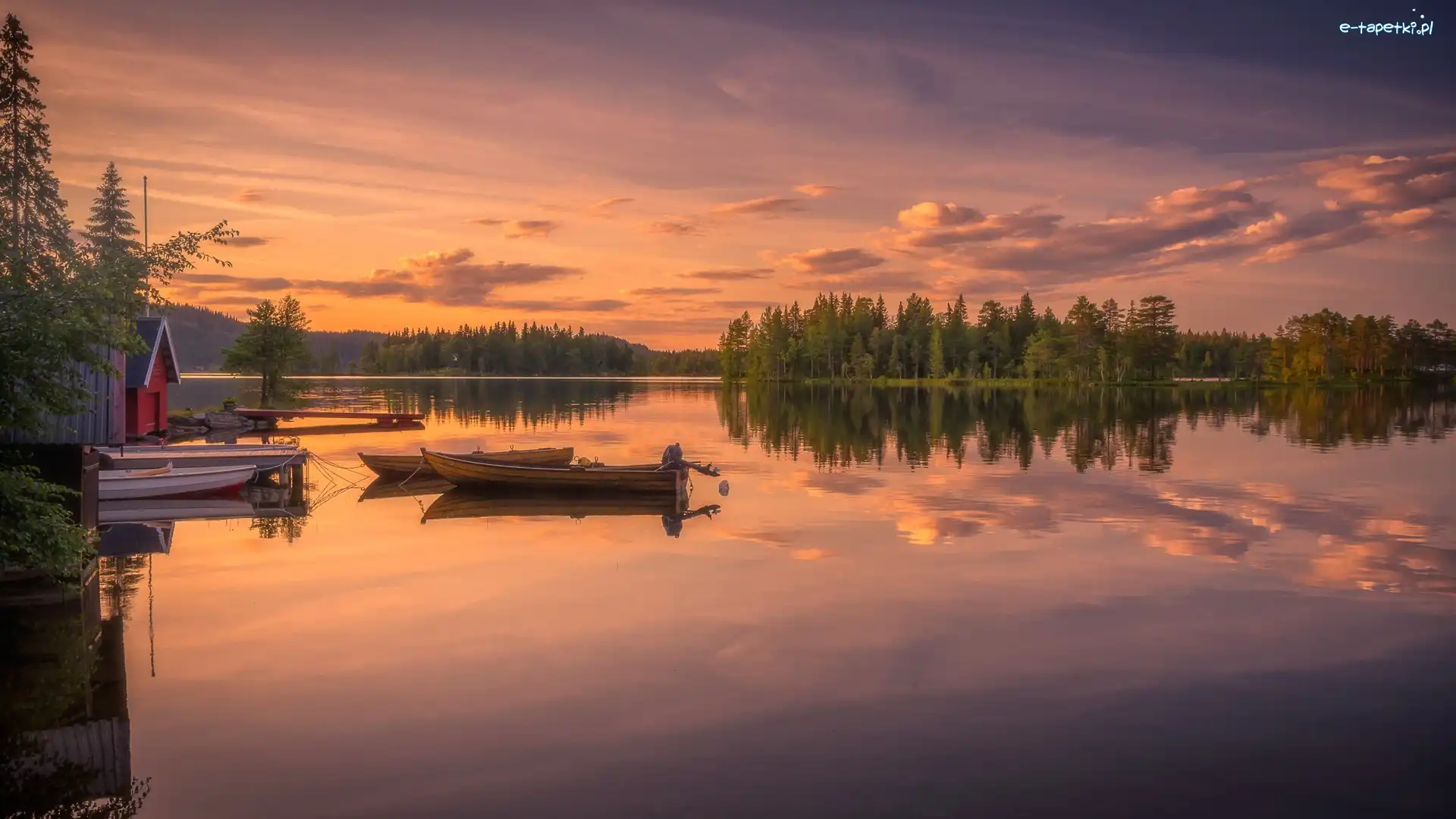 Łódki, Jezioro, Las, Zachód słońca, Ringerike, Norwegia