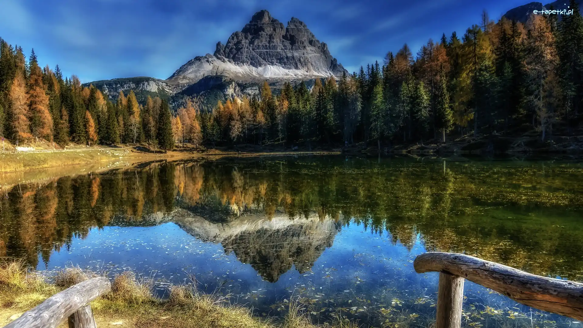 Włochy, Masyw Tre Cime di Lavaredo, Odbicie, Góry Dolomity, Jezioro Antorno Lake, Prowincja Belluno, Drzewa