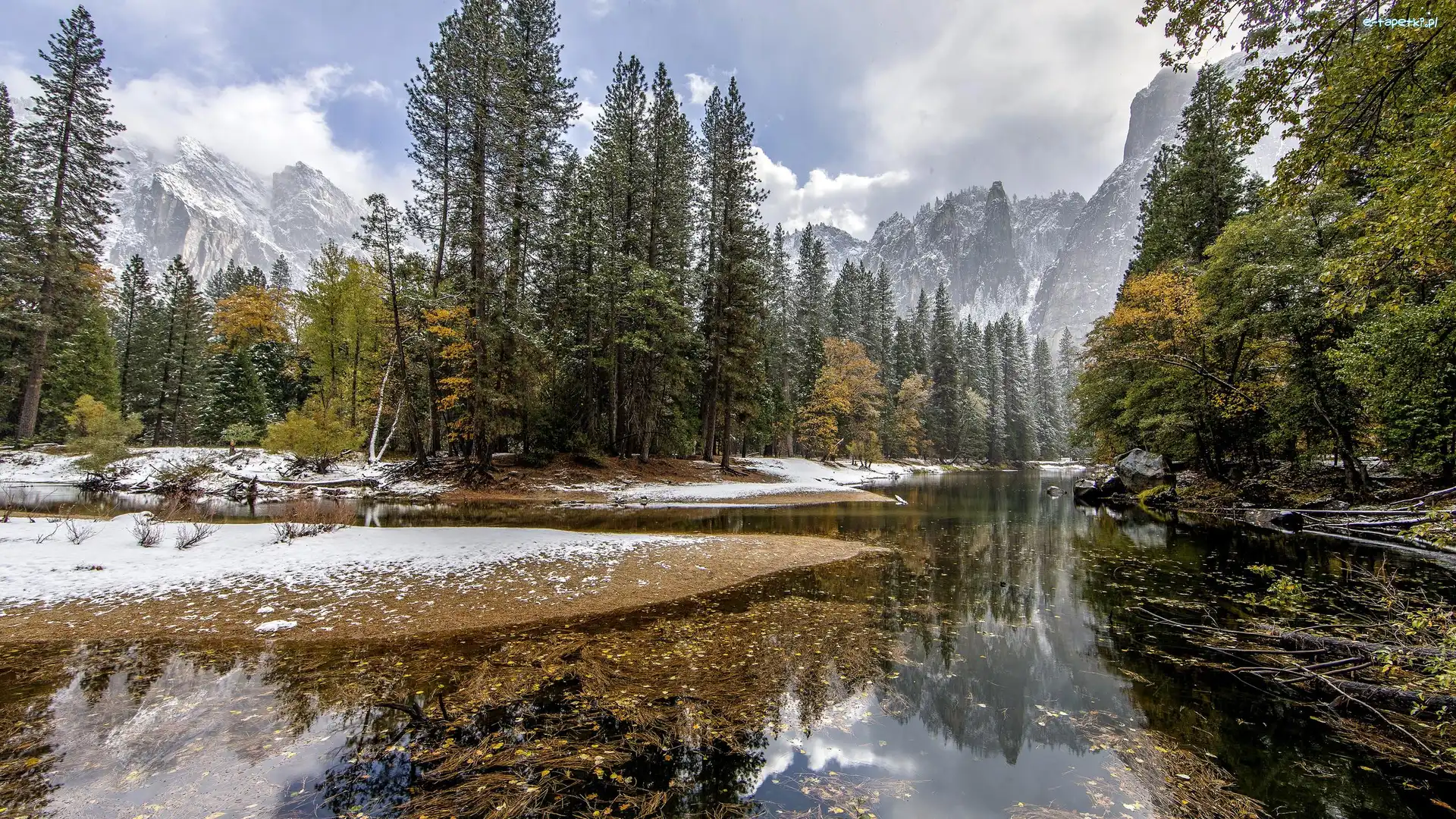 Drzewa, Rzeka, Stany Zjednoczone, Kalifornia, Tuolumne River, Góry, Park Narodowy Yosemite, Zima