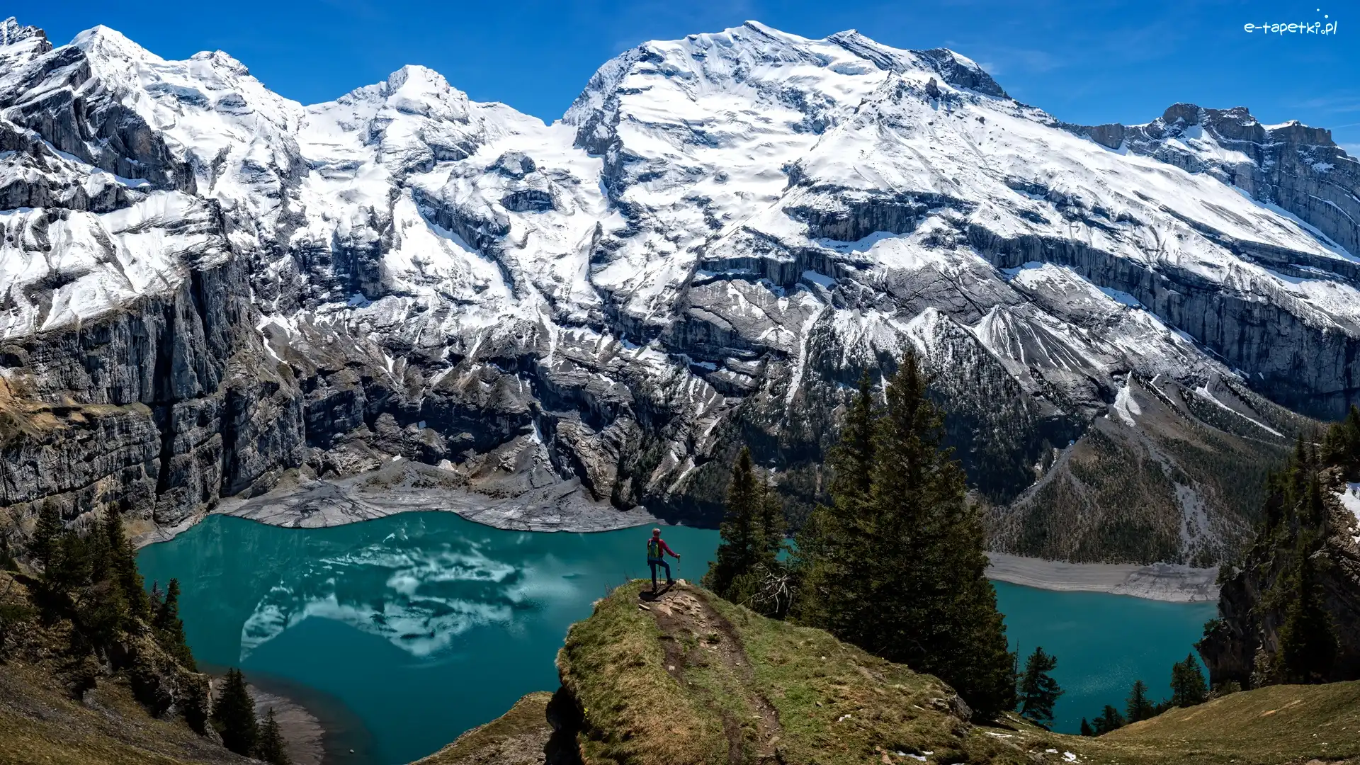 Góry, Jezioro, Szczyty, Ośnieżone, Lake Oeschinen, Alpy Berneńskie, Drzewa, Szwajcaria