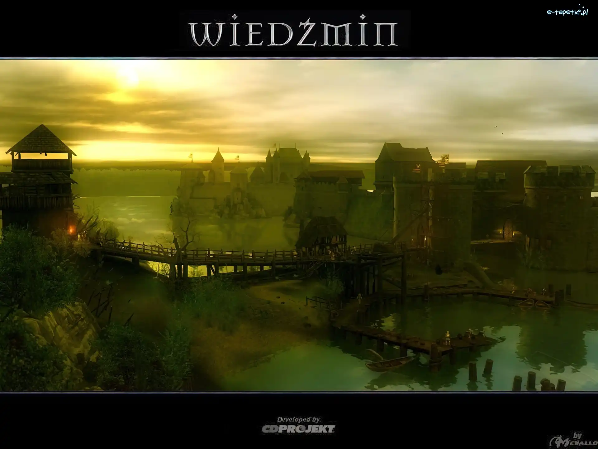 chmury, most, jezioro, słońce, wioska, The Witcher