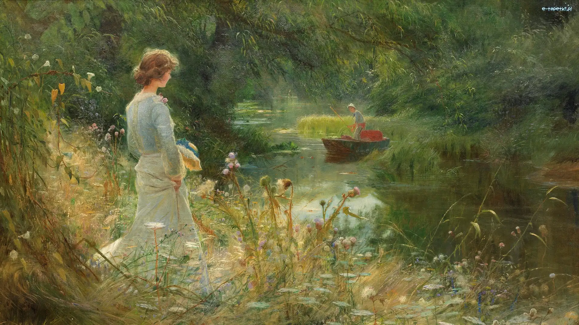 Kwiaty, Łąka, Charles William Wyllie, Obraz, Malarstwo, Łódka, Mężczyzna, Kobieta, Rzeka