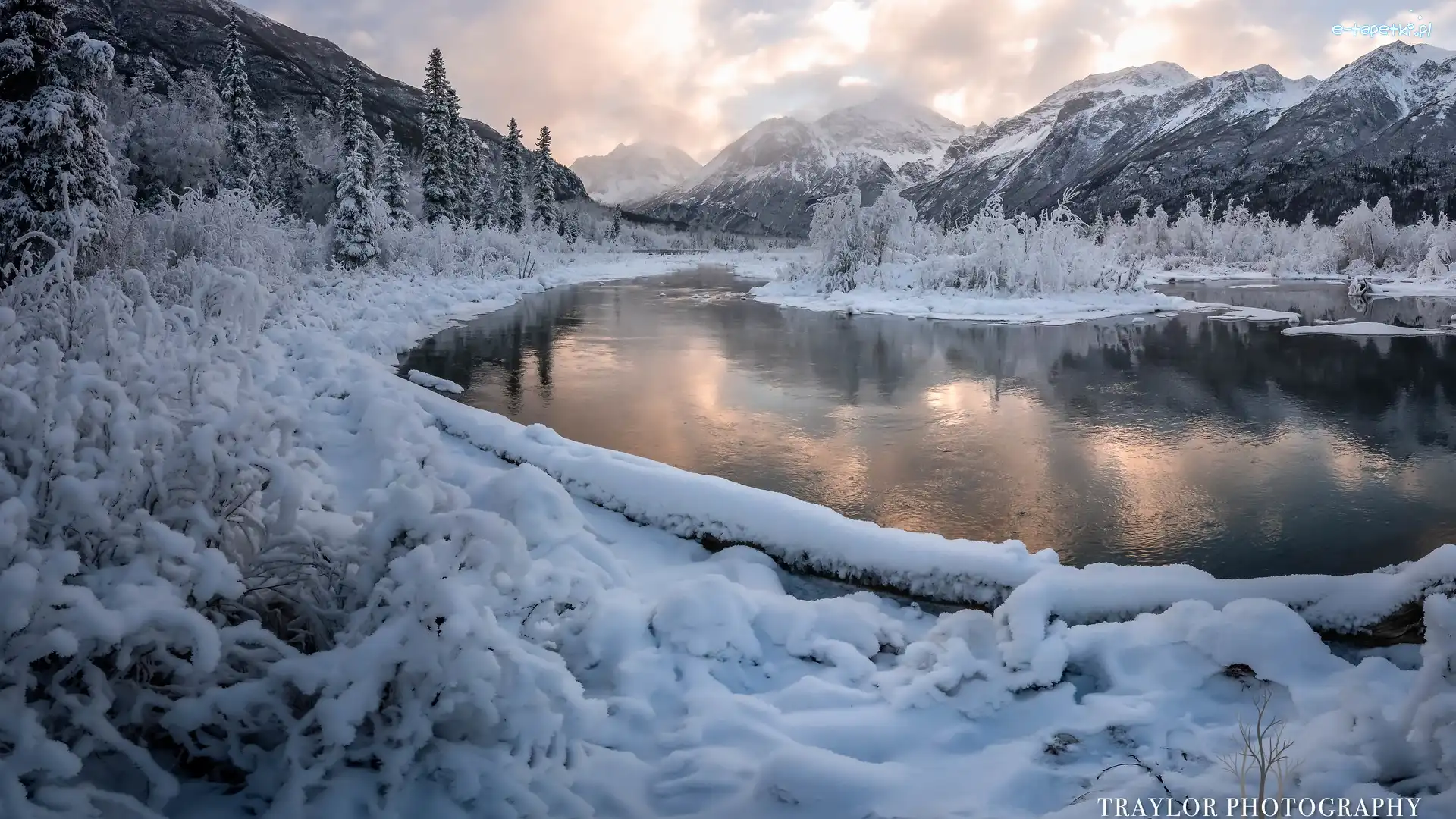 Krzewy, Rzeka, Stany Zjednoczone, Drzewa, Dolina, Góry, Ośnieżone, Zima, Eagle River, Alaska