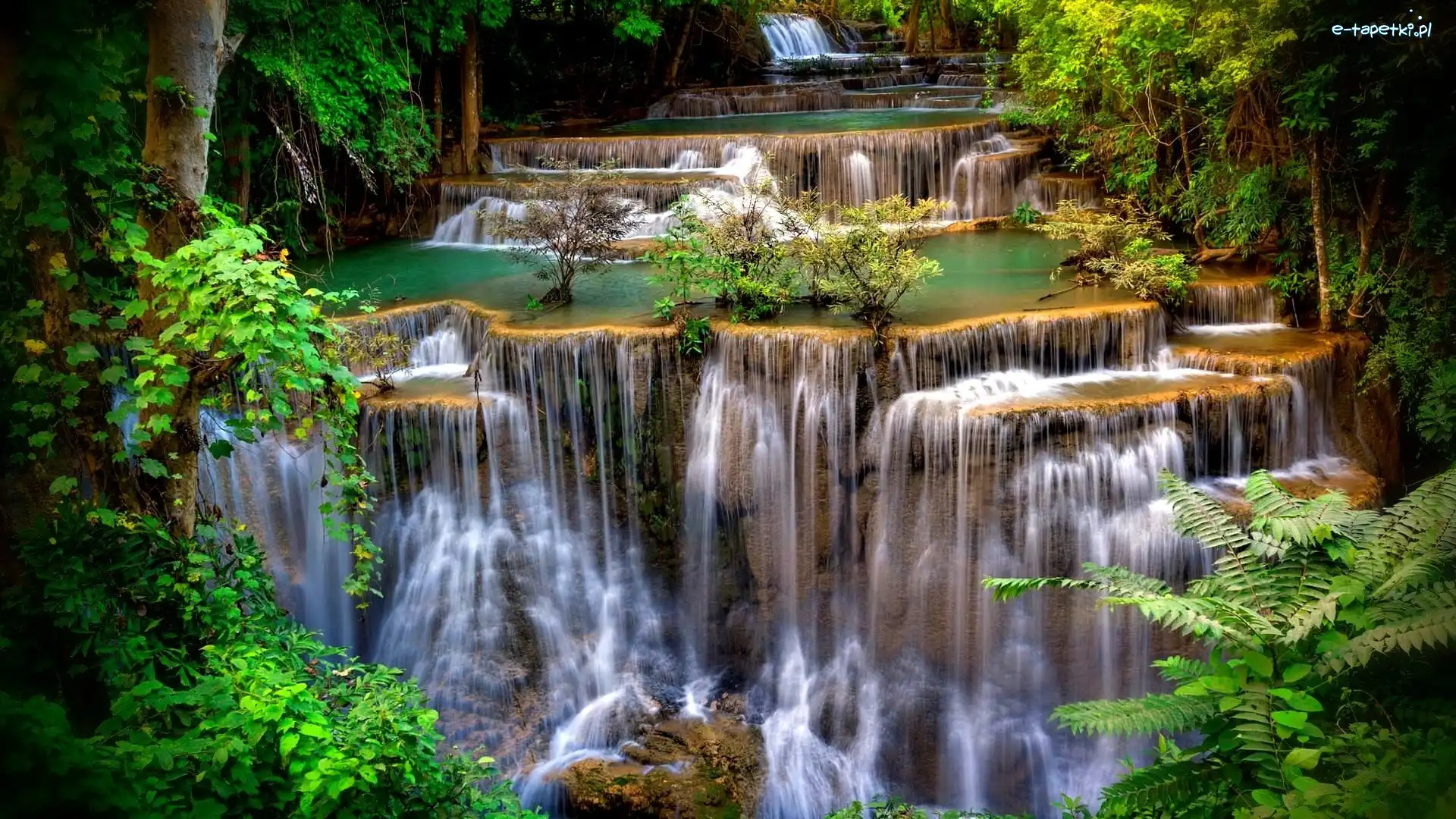 Kanchanaburi, Drzewa, Park Narodowy Erawan, Tajlandia, Kaskada, Wodospad Erawan