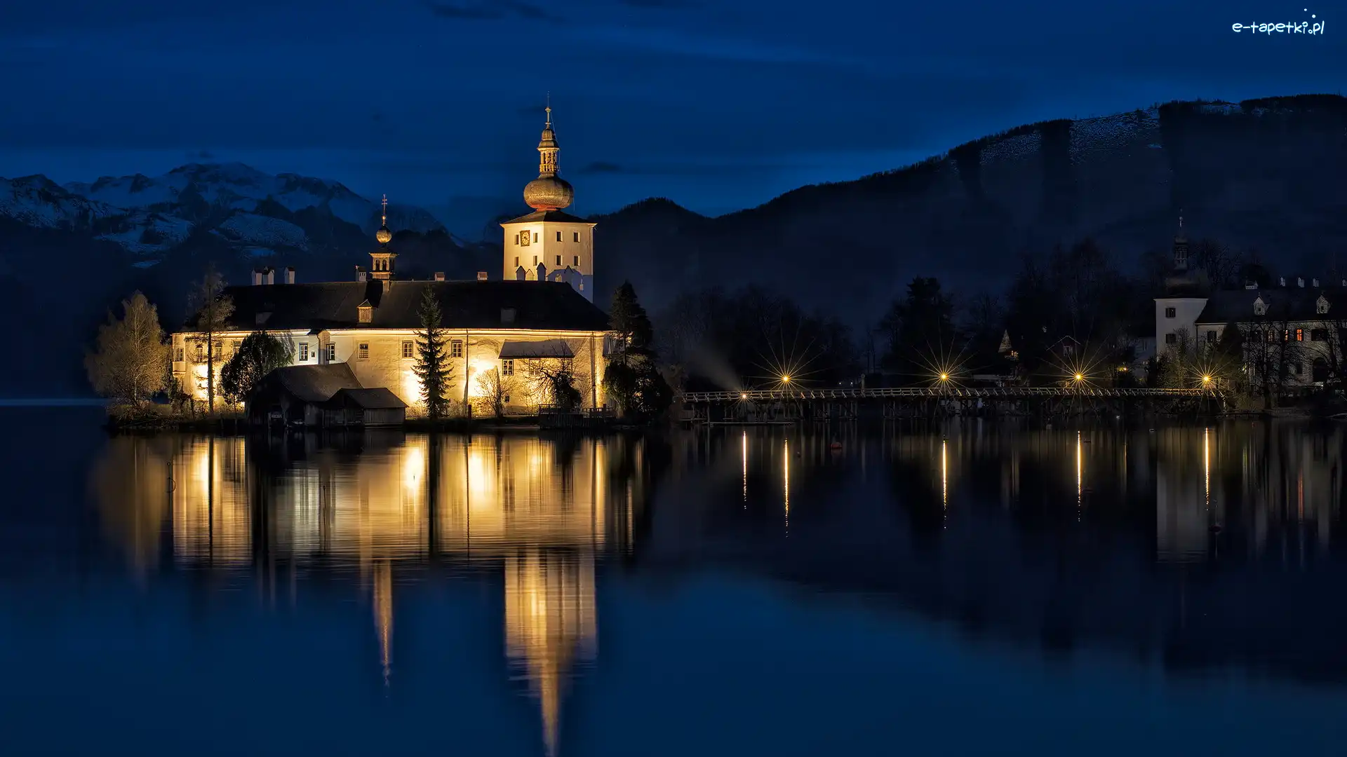 Austria, Noc, Most, Zamek Ort, Oświetlony, Gmunden, Jezioro Traunsee