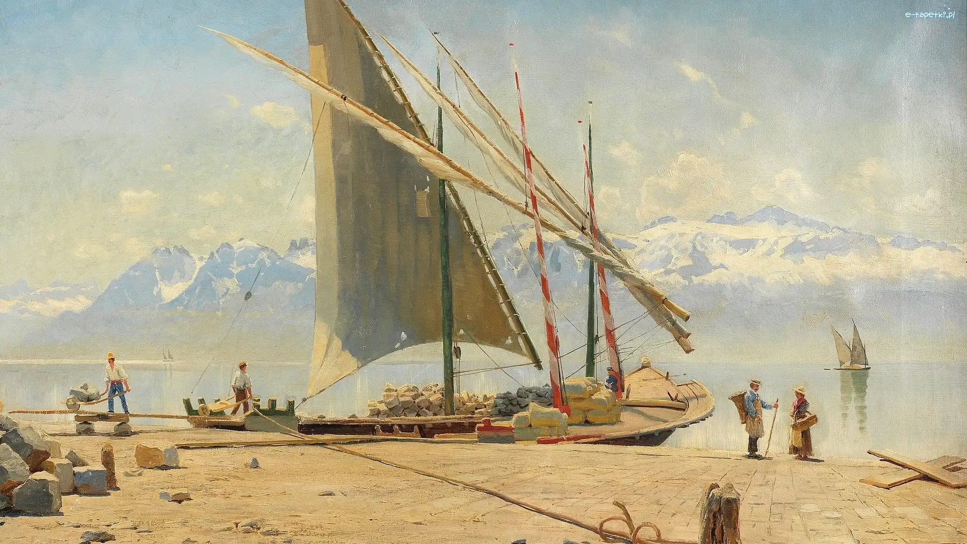 Jezioro, Peder Monsted, Mężczyźni, Obraz, Malarstwo, Góry, Żaglówki
