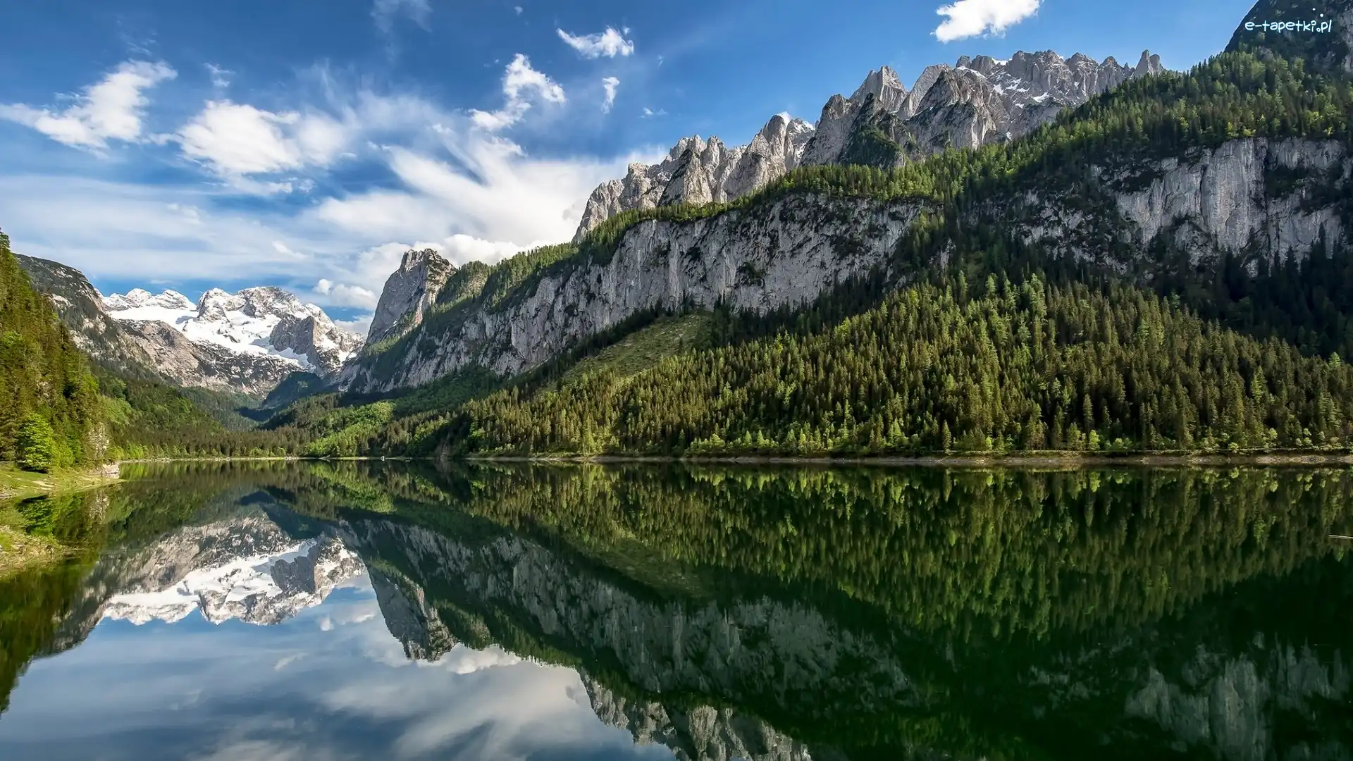 Austria, Vorderer Gosausee, Drzewa, Jezioro Gosau, Góry Dachstein, Odbicie, Chmury