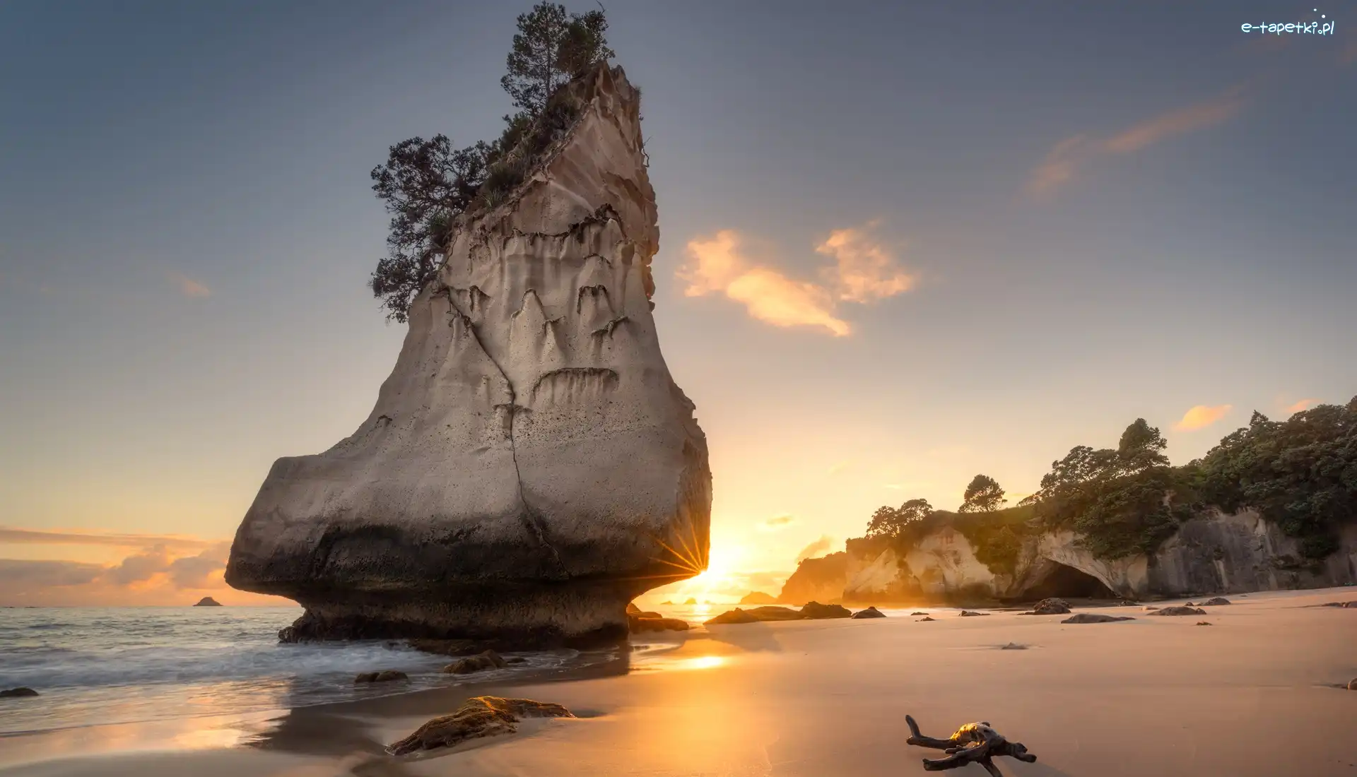 Plaża, Skała, Nowa Zelandia, Półwysep Coromandel, Te Hoho Rock, Drzewa, Wschód słońca, Morze