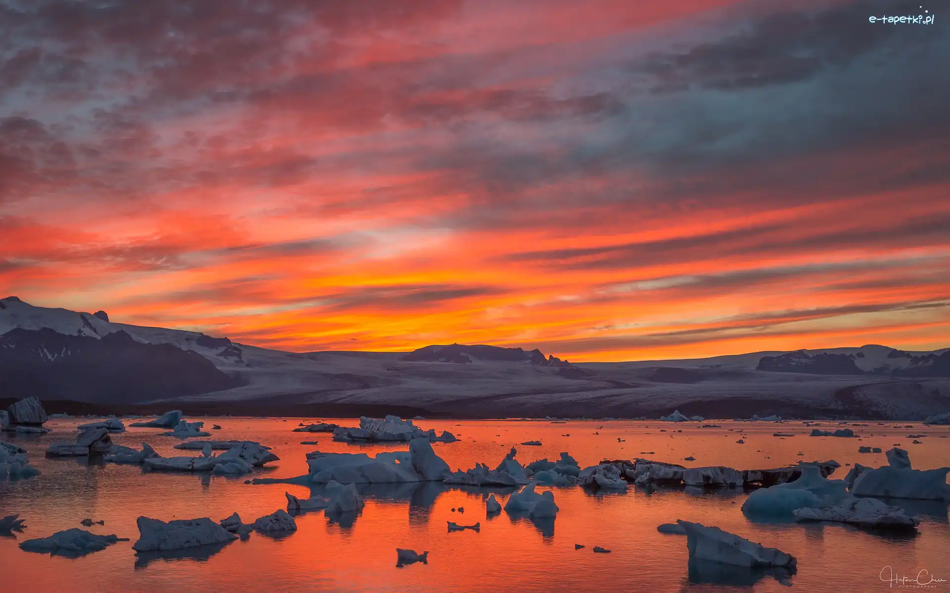 Zachód słońca, Laguna lodowcowa, Zima, Islandia, Jokulsarlon, Jezioro