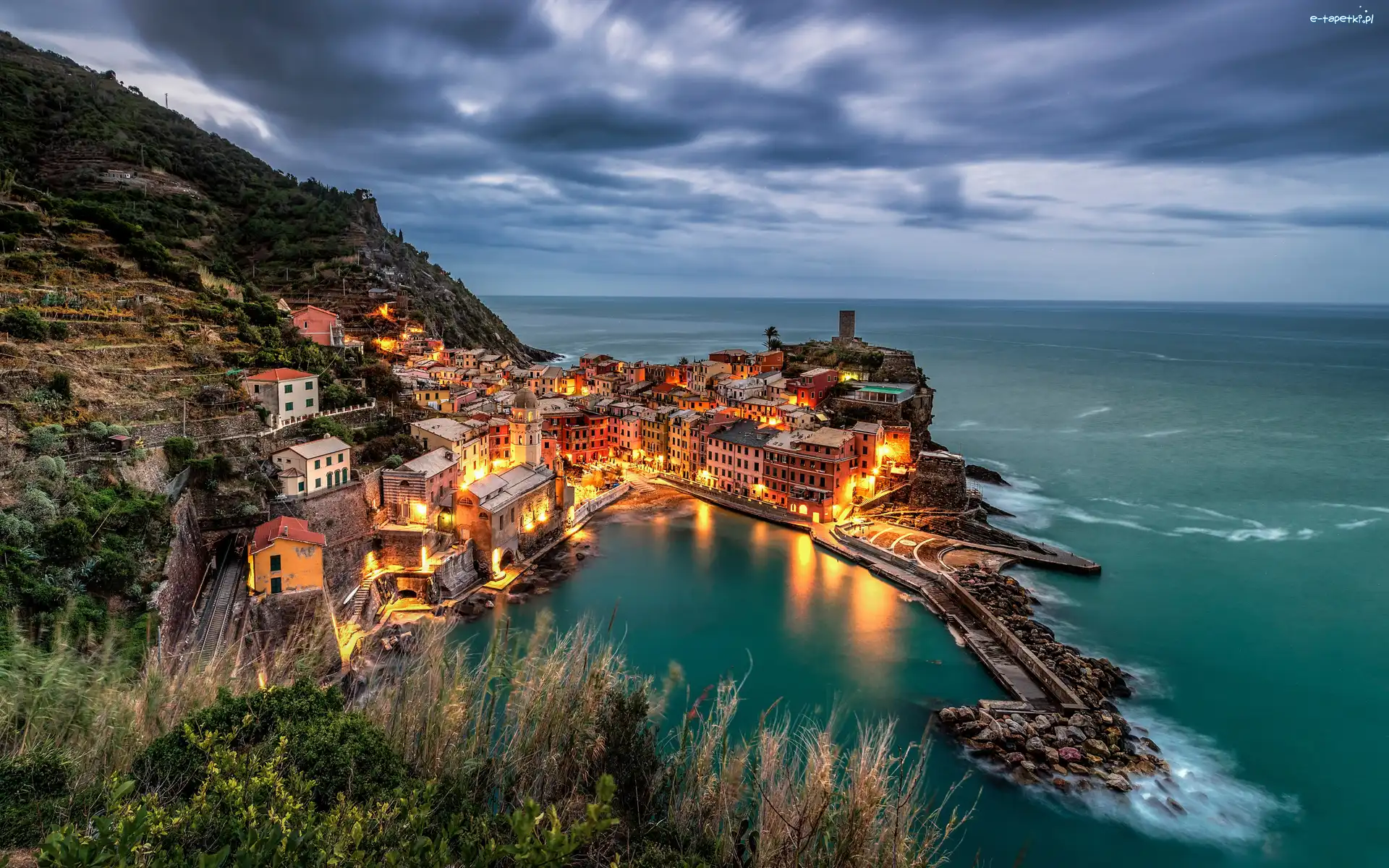 Zmrok, Cinque Terre, Wybrzeże, Vernazza, Włochy, Domy, Morze