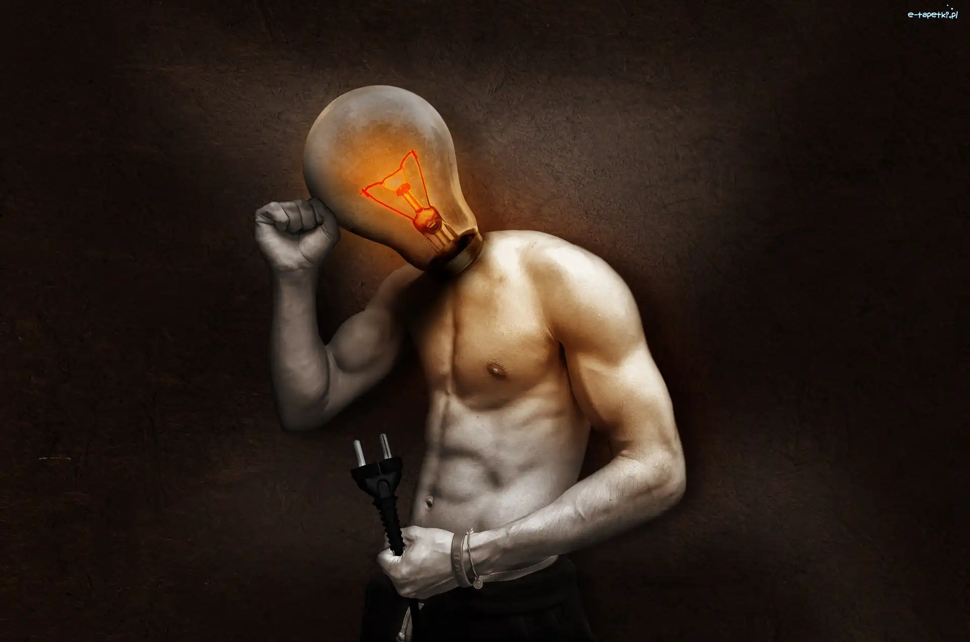 Mężczyzna, Kabel, Żarówka, Fotomontaż, Grafika