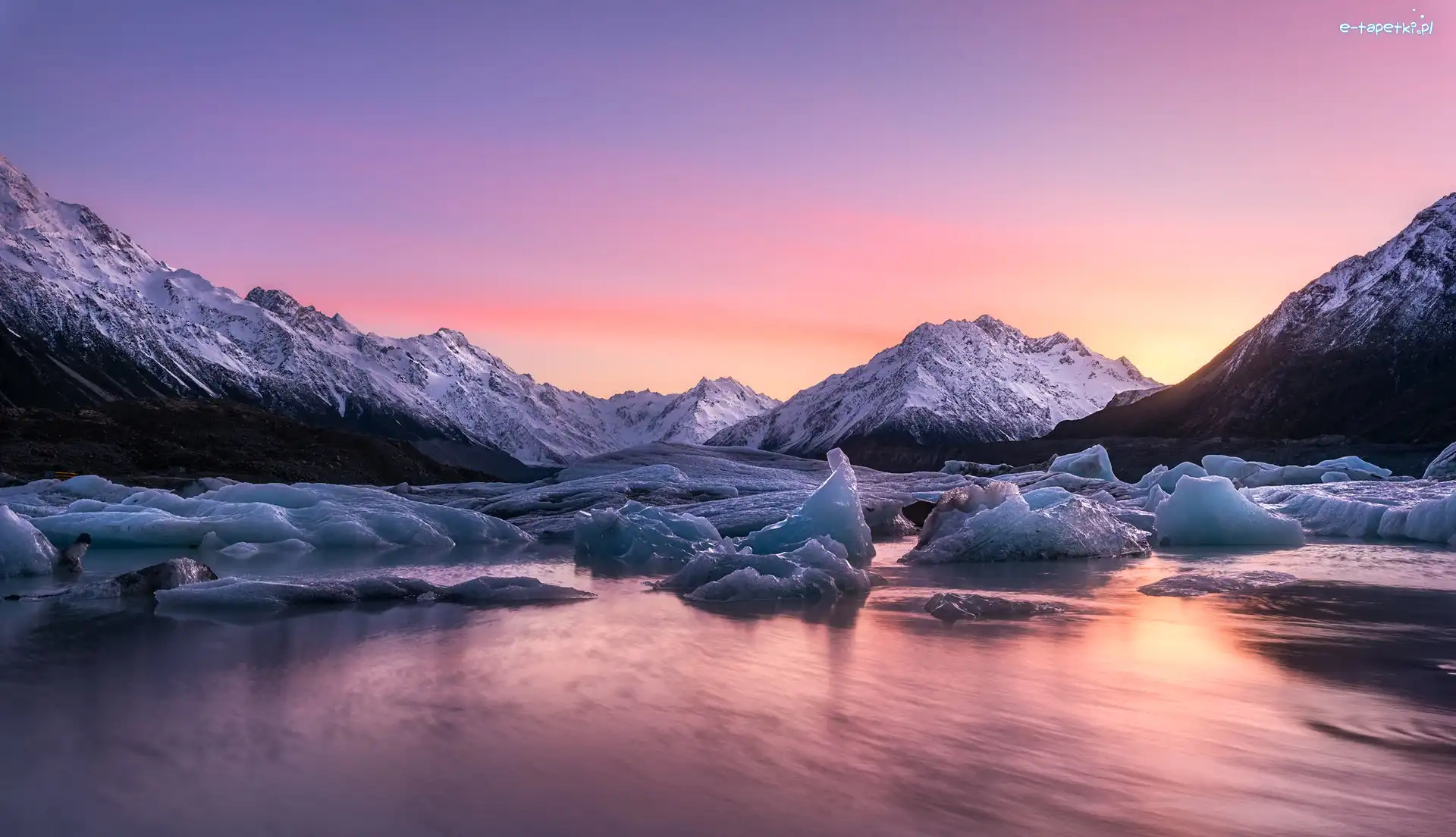 Góry, Jezioro Tasmana, Park Narodowy Góry Cooka, Wschód słońca, Tasman Lake, Góra Cooka, Lód, Nowa Zelandia