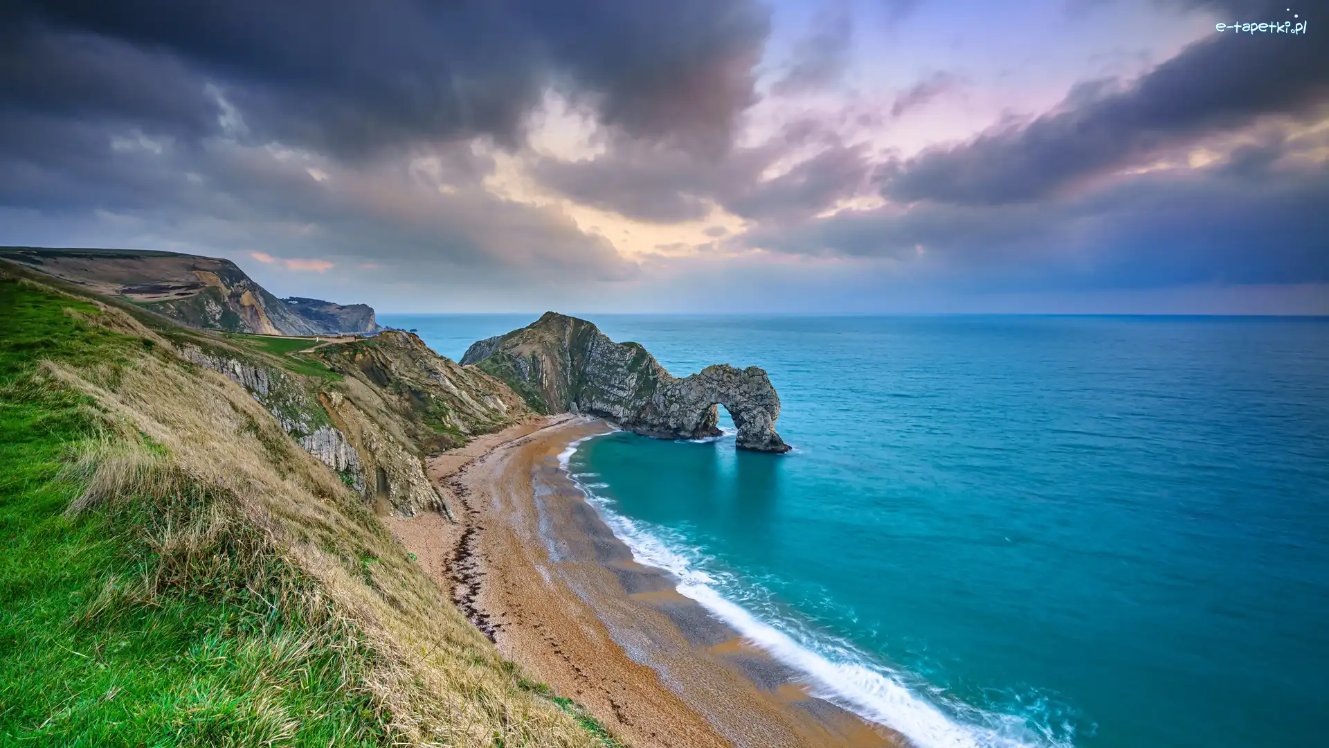 Wybrzeże Jurajskie, Hrabstwo Dorset, Chmury, Durdle Door, Morze, Skała, Łuk wapienny, Anglia
