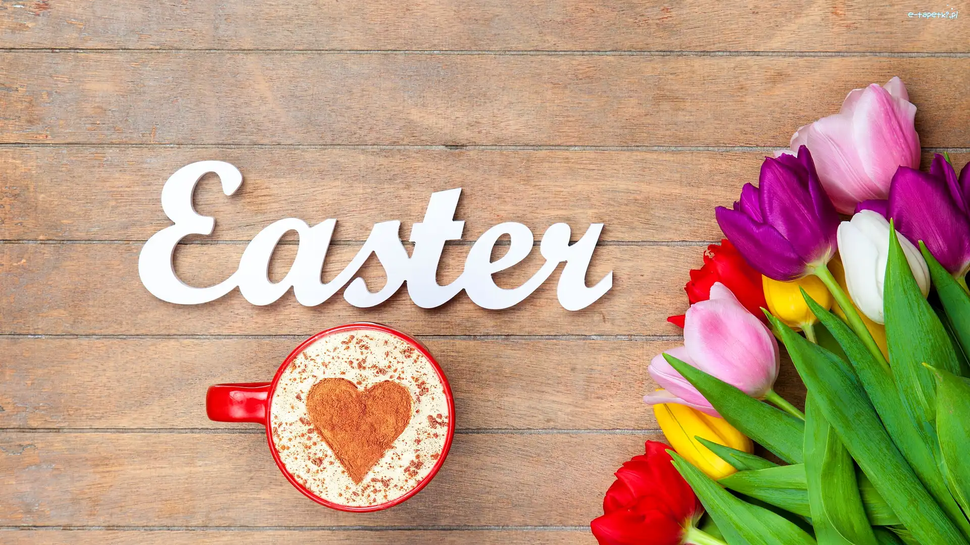 Wielkanoc, Kawa, Serce, Kubek, Tulipany, Easter, Napis