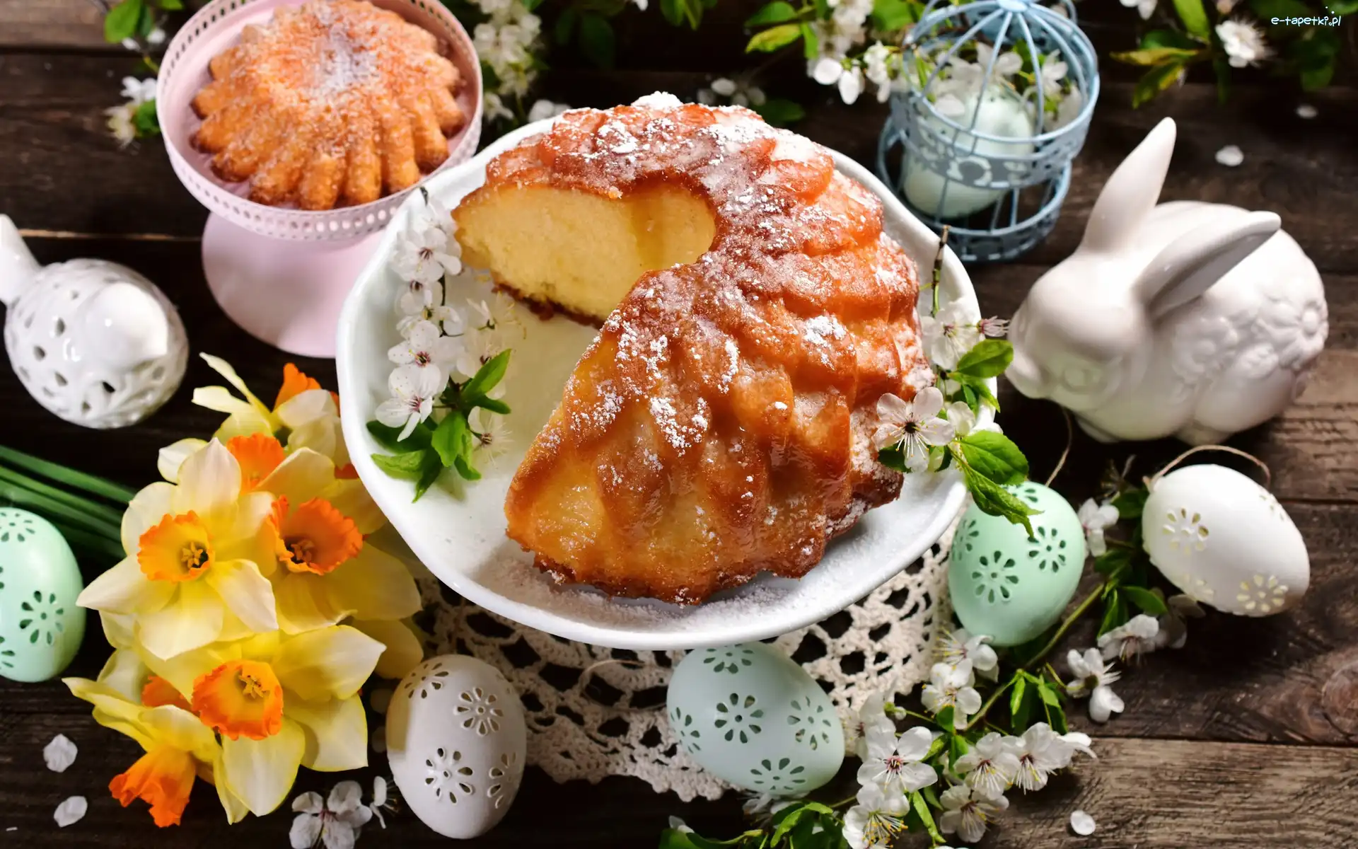 Zając, Babka, Pisanki, Żonkile, Ciasto, Wielkanoc