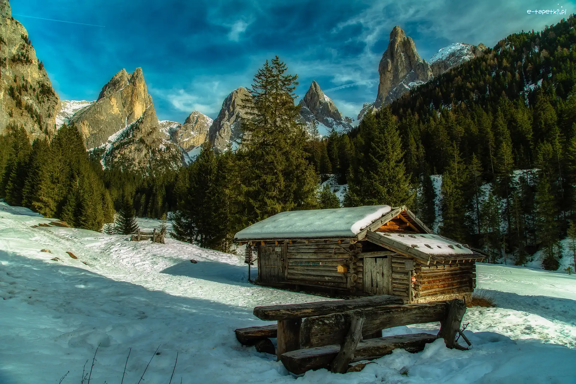 Chata, Alpy, Zima, Włochy, Dolomity, Góry