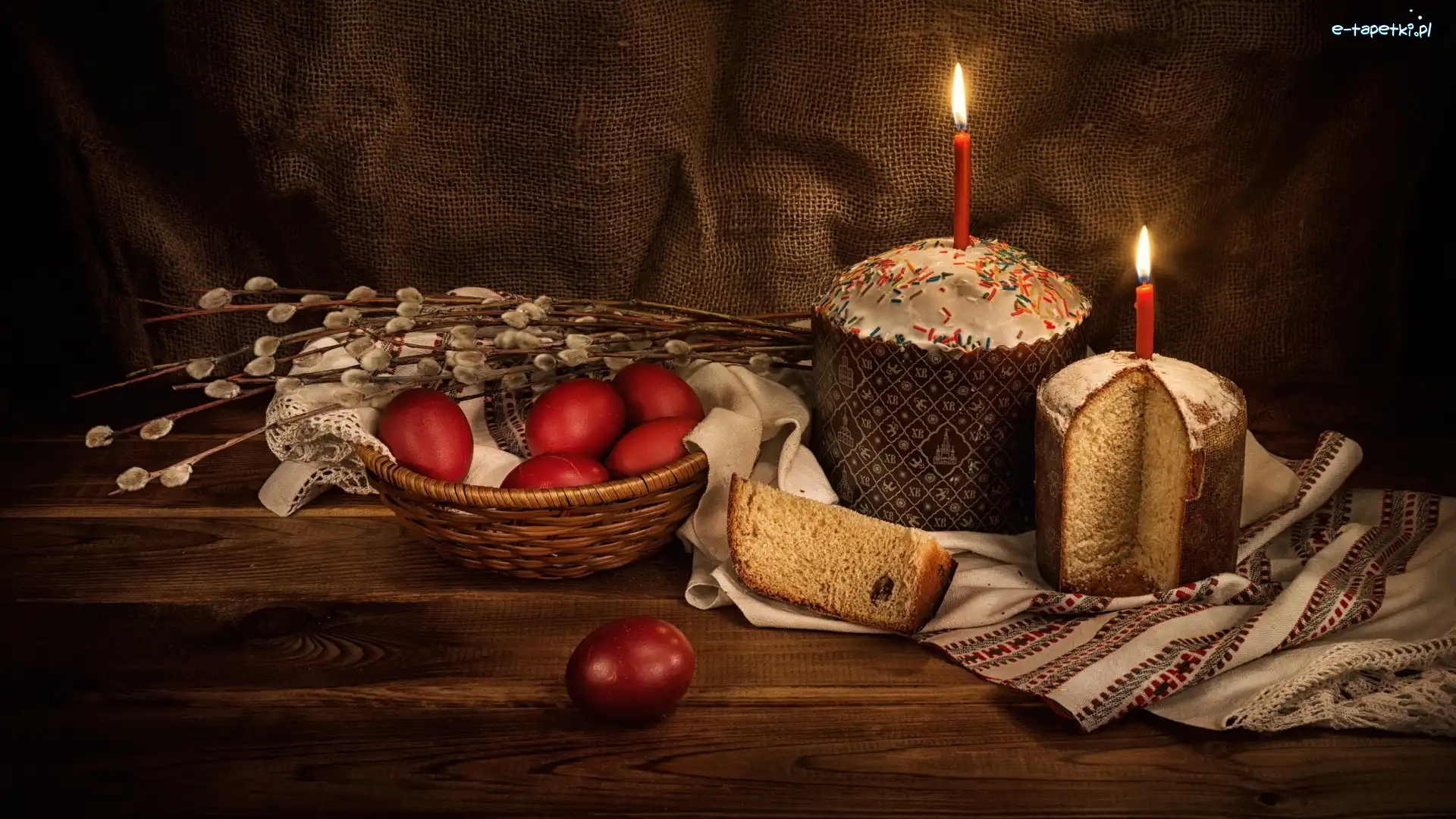 Koszyk, Kompozycja, Serwetka, Świeczki, Bazie, Pisanki, Babki, Wielkanoc