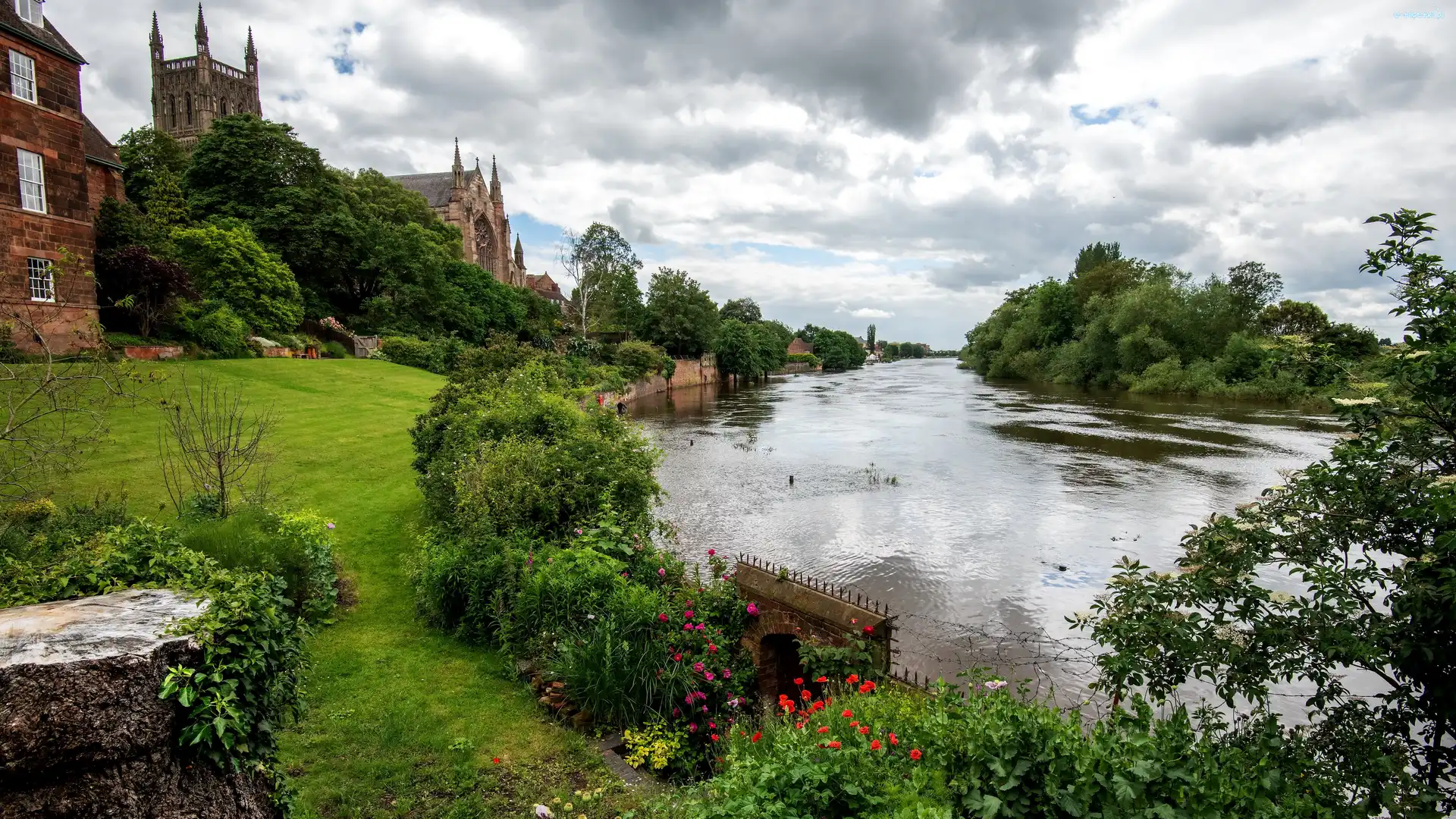 Anglia, Wieża, Uniwersytetu, Ogródek, Dom, Worcester, Rzeka Severn