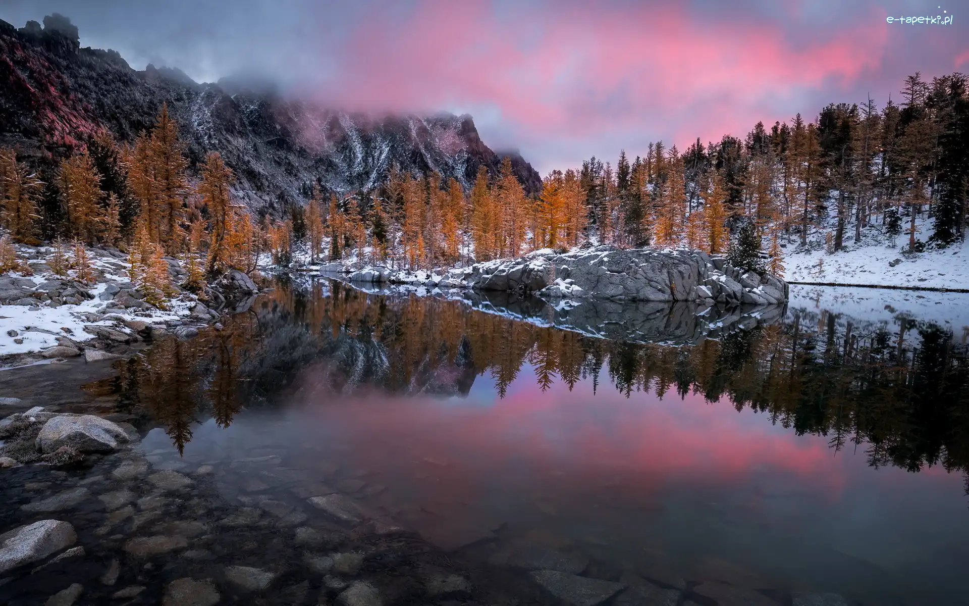 Stany Zjednoczone, Skały, Śnieg, Drzewa, Jezioro Sprite Lake, Stan Waszyngton, Góry Kaskadowe