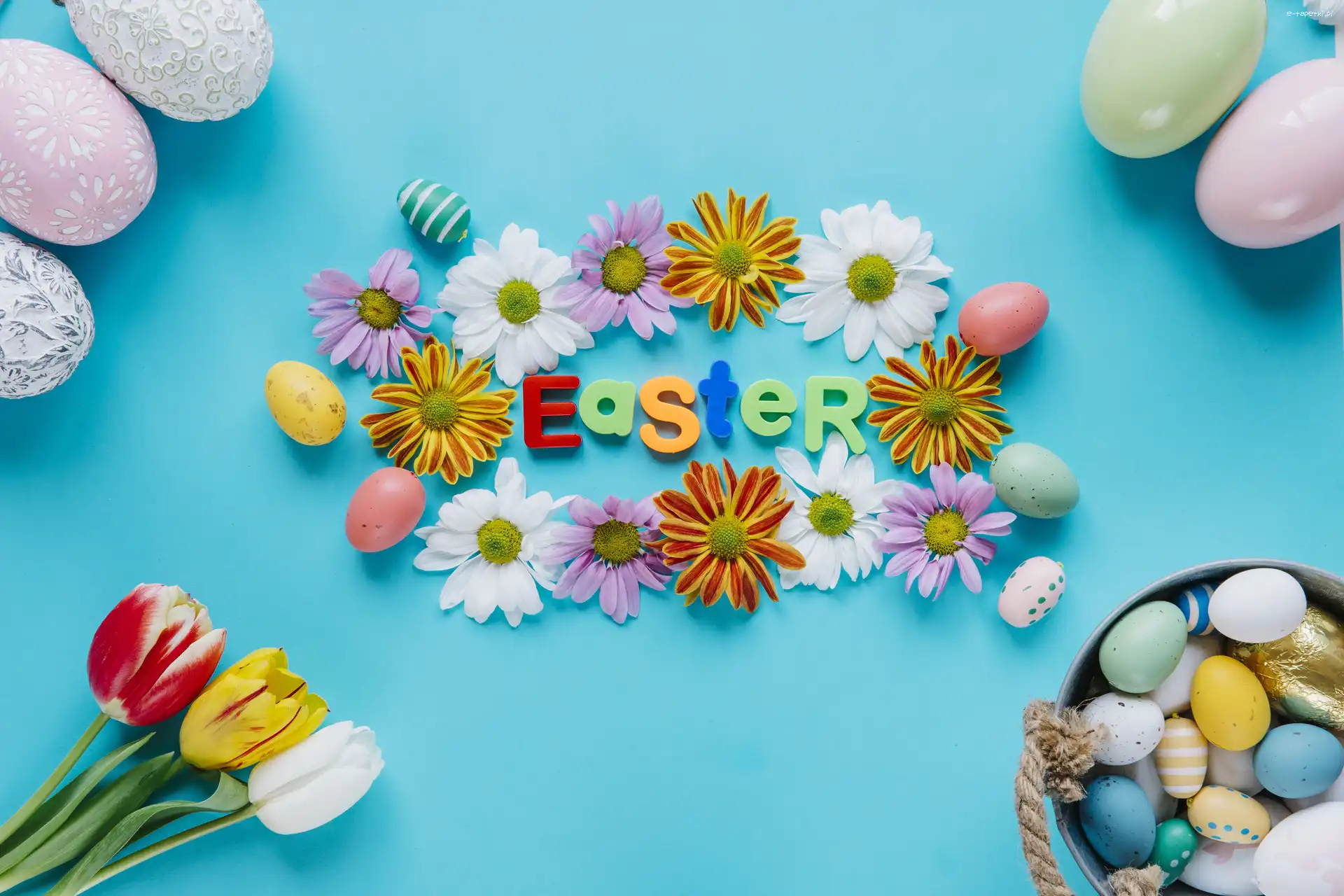 Easter, Tulipany, Tło, Napis, Pisanki, Wiaderko, Kwiatki, Kwiaty, Kolorowe, Niebieskie