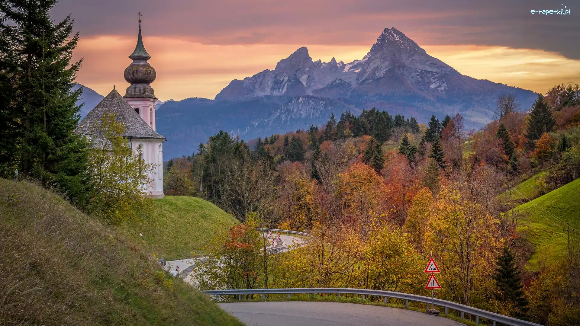 Berchtesgaden, Kościół, Niemcy, Alpy Salzburskie, Drzewa, Droga, Góry, Jesień, Sanktuarium Maria Gern, Bawaria
