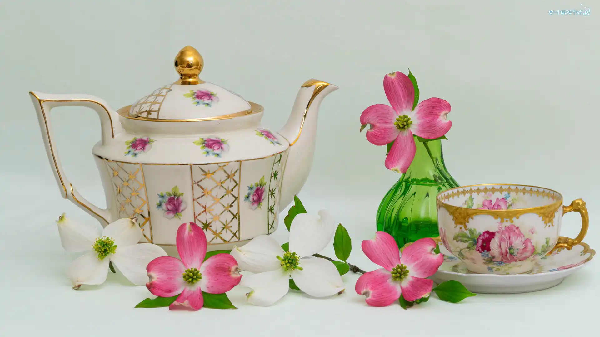 Dereń, Filiżanka, Kwiaty, Kompozycja, Dzbanek, Porcelanowy