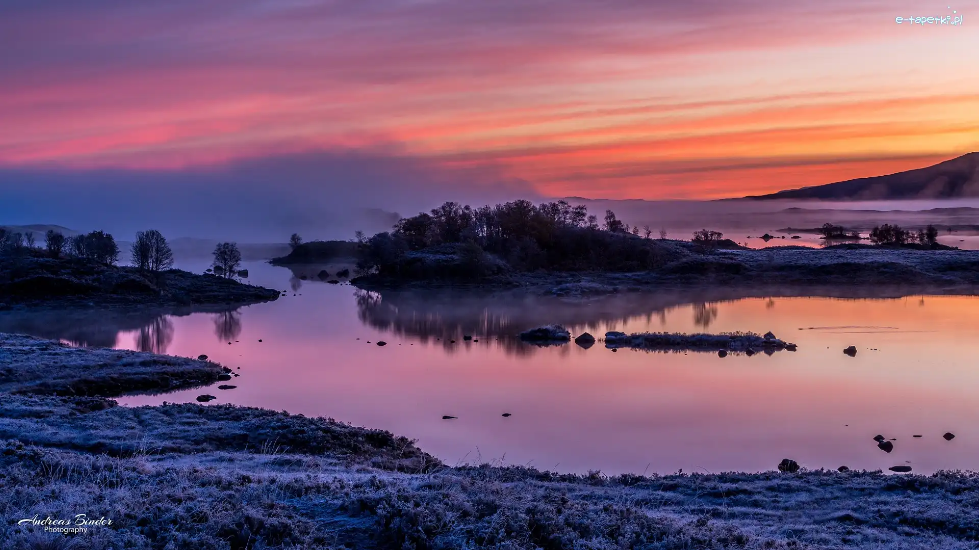 Wschód słońca, Region Highlands, Drzewa, Mgła, Jezioro Loch Ba, Oszroniona, Trawa, Szkocja