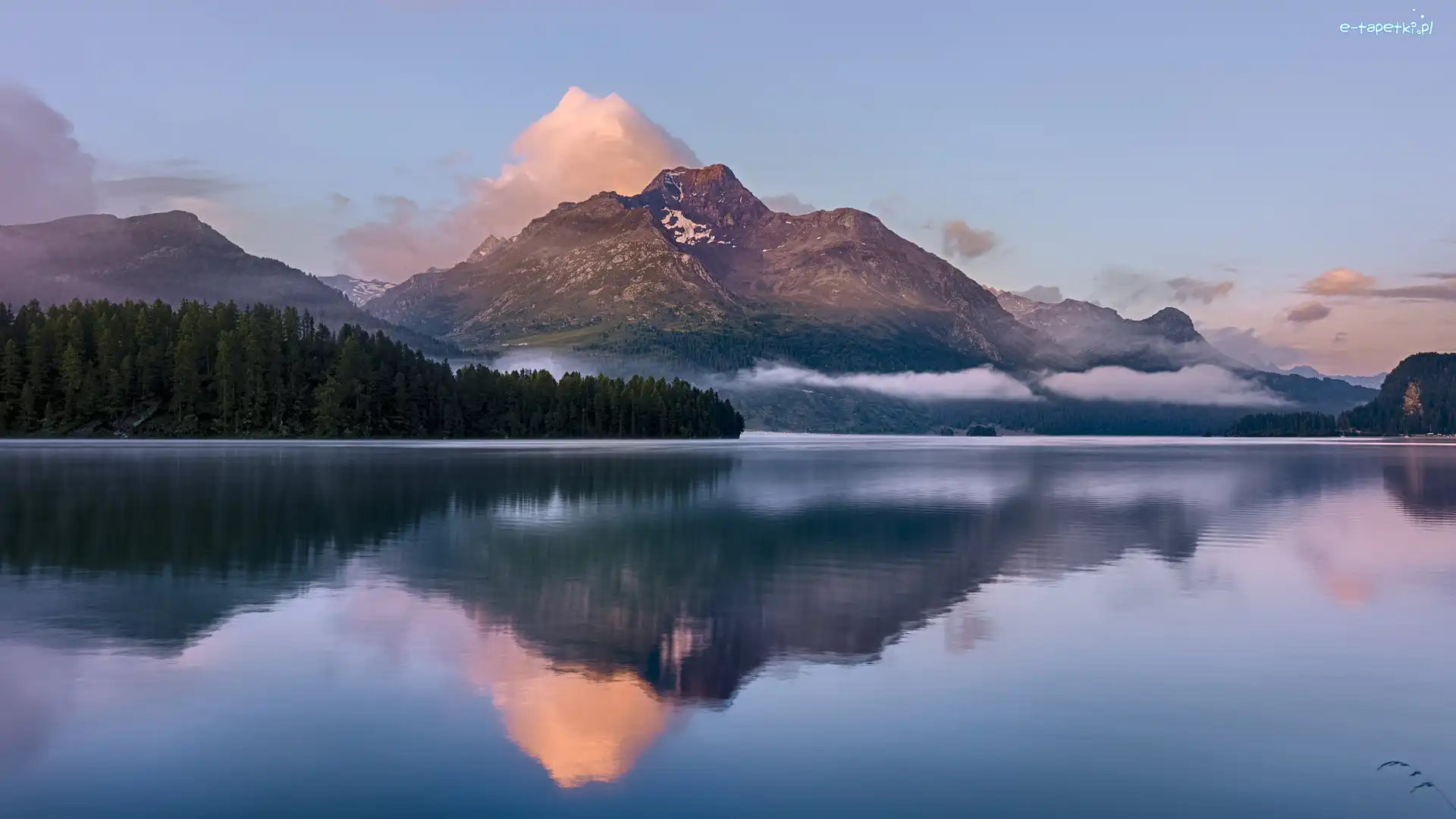 Jezioro Silsersee, Góra, Szwajcaria, Odbicie, Piz da la Margna, Drzewa, Mgła, Góry