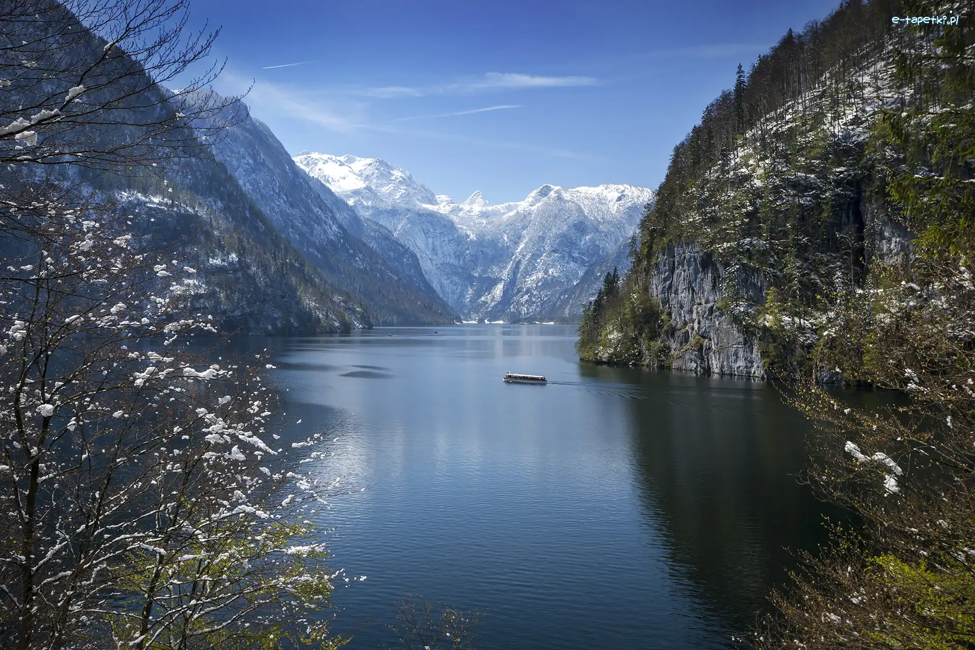 Alpy, Statek, Niemcy, Bawaria, Góry, Drzewa, Park Narodowy Berchtesgaden, Jezioro Konigssee
