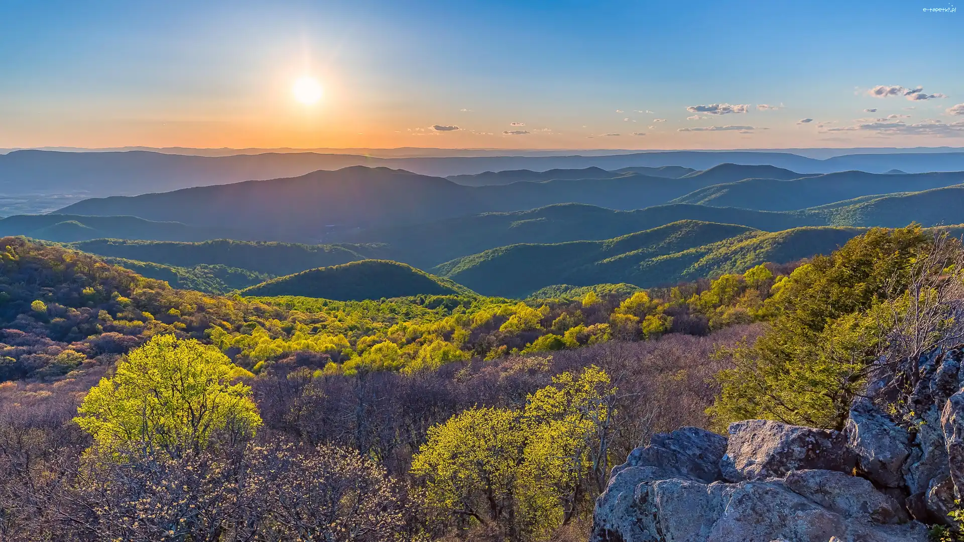 Appalachy, Wzgórza, Stany Zjednoczone, Stan Wirginia, Góry, Zachód słońca, Drzewa, Park Narodowy Shenandoah