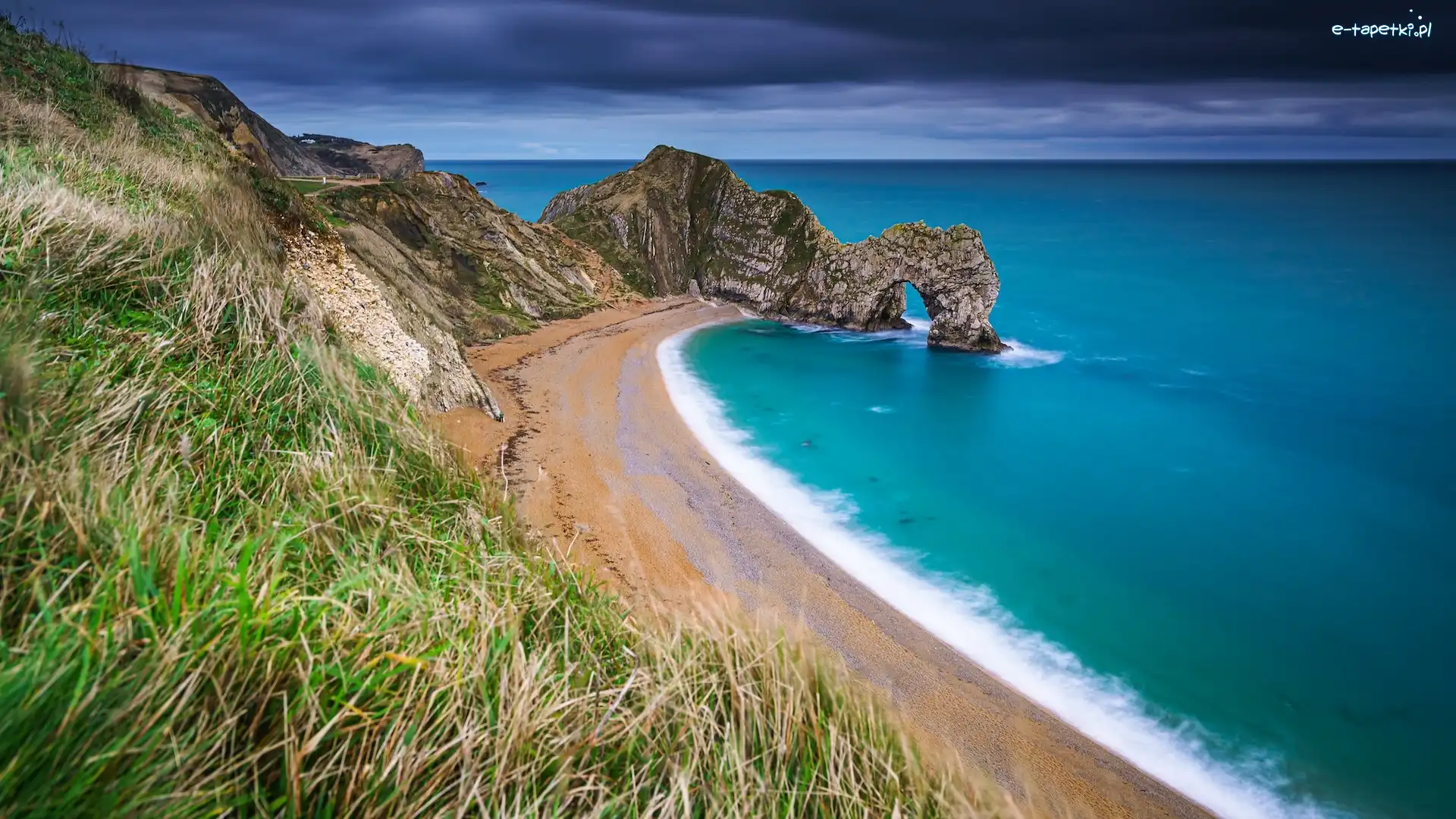 Łuk wapienny, Skała, Morze, Hrabstwo Dorset, Anglia, Trawy, Chmury, Wybrzeże Jurajskie, Durdle Door