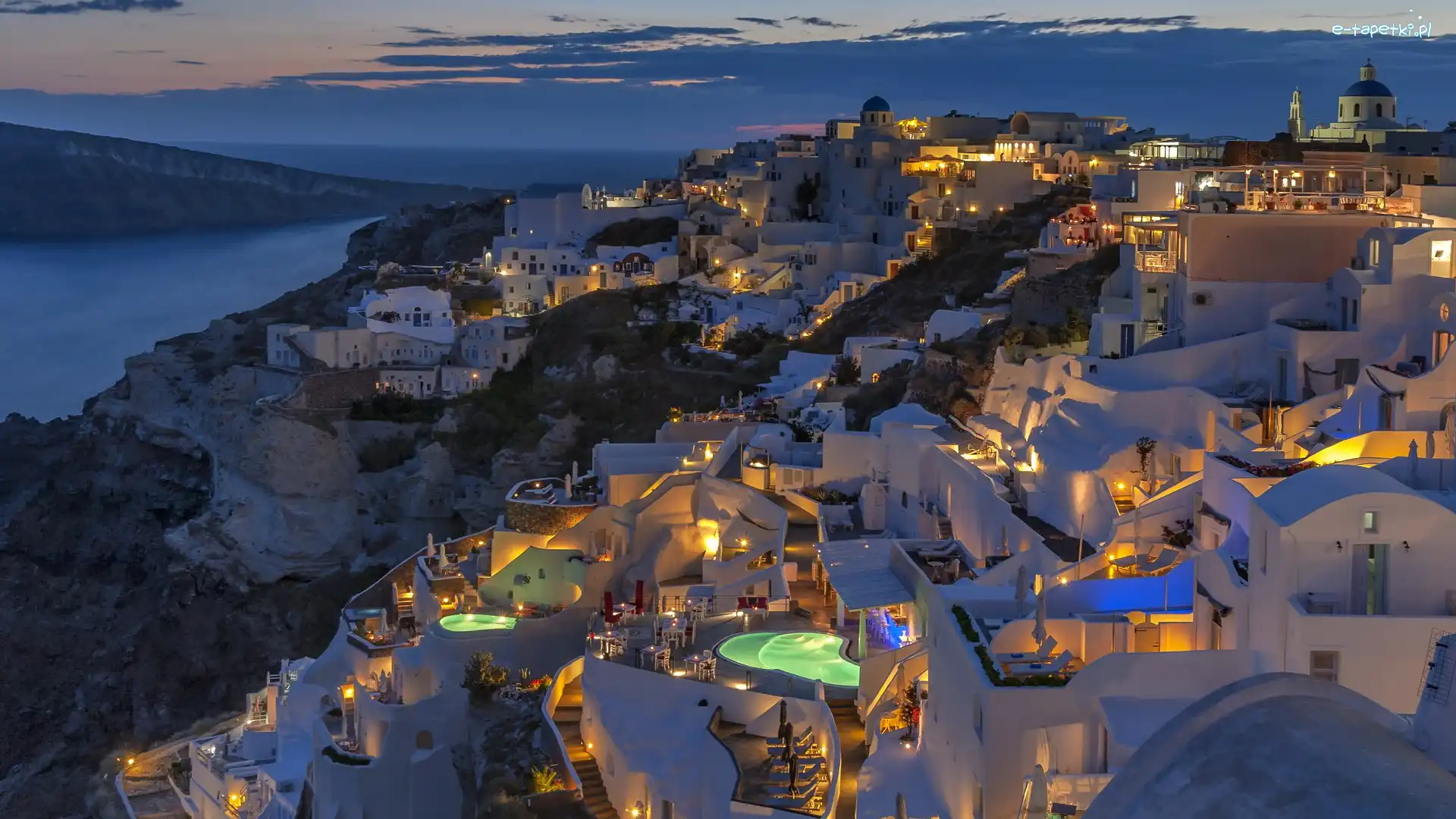 Santorini, Wieczór, Oia, Grecja, Światła, Domy