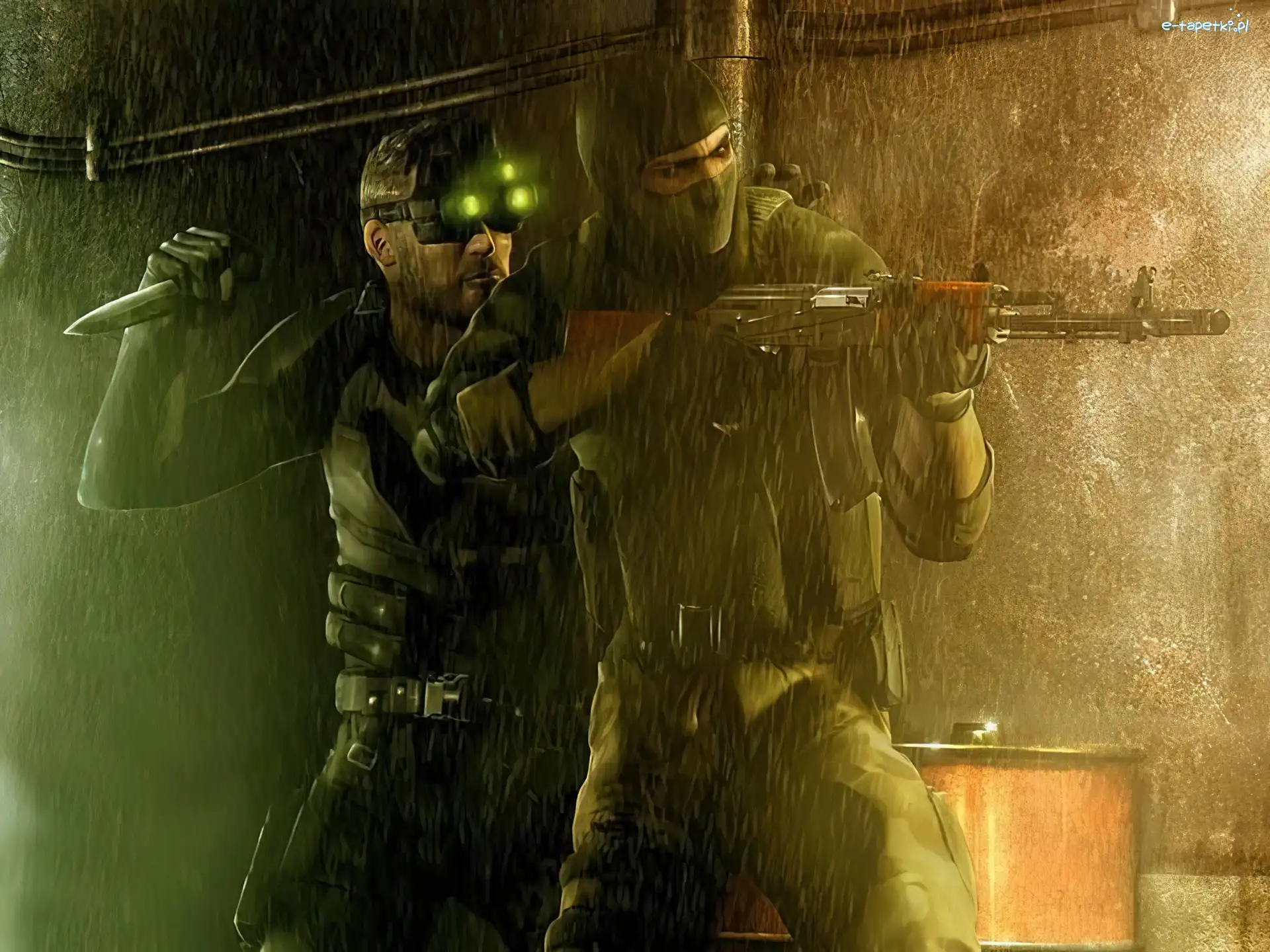 Splinter Cell, nóż, mężczyzna, deszcz, broń