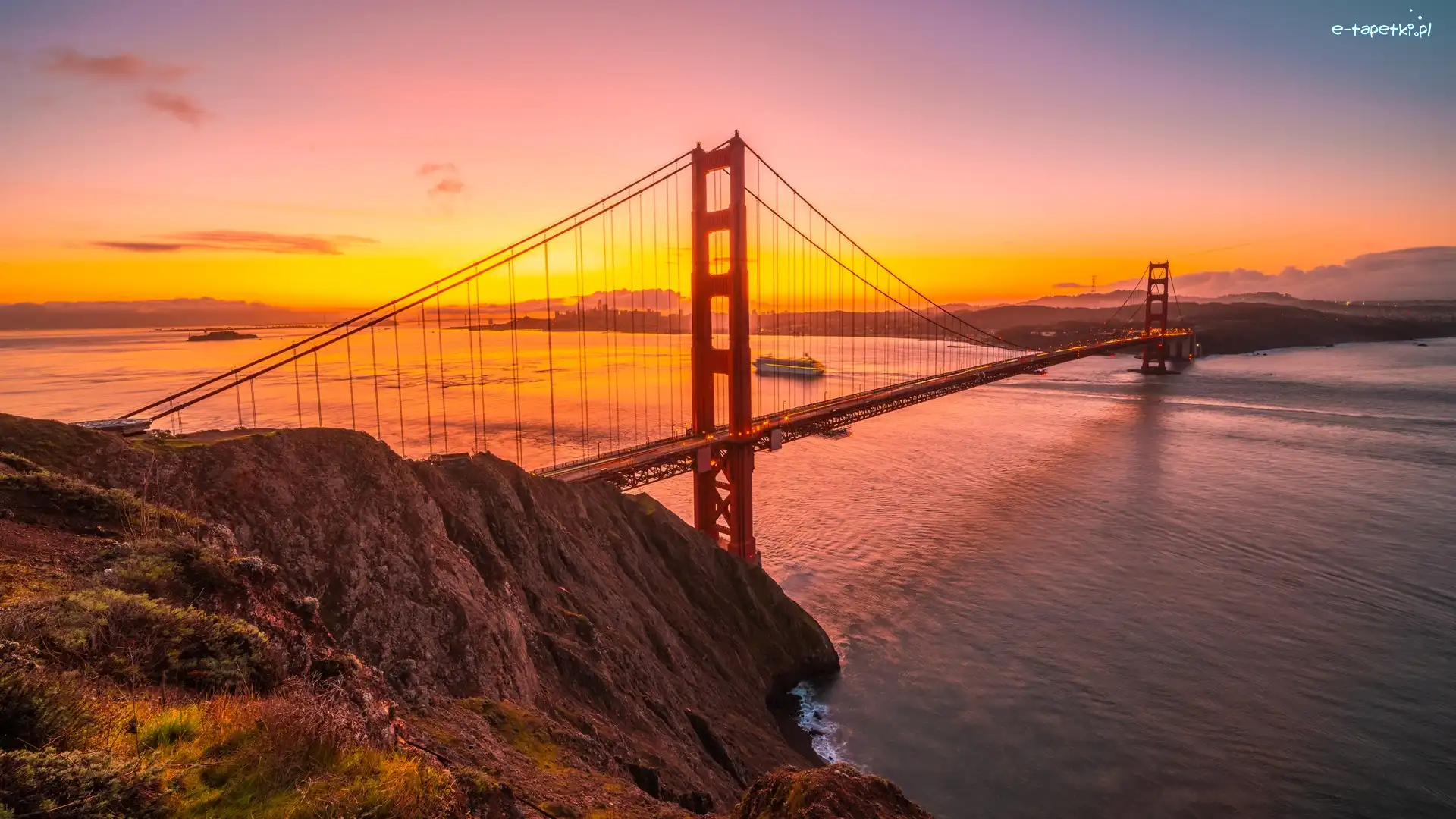 Stany Zjednoczone, Most Golden Gate Bridge, Stan Kalifornia, Zachód słońca, Cieśnina Golden Gate