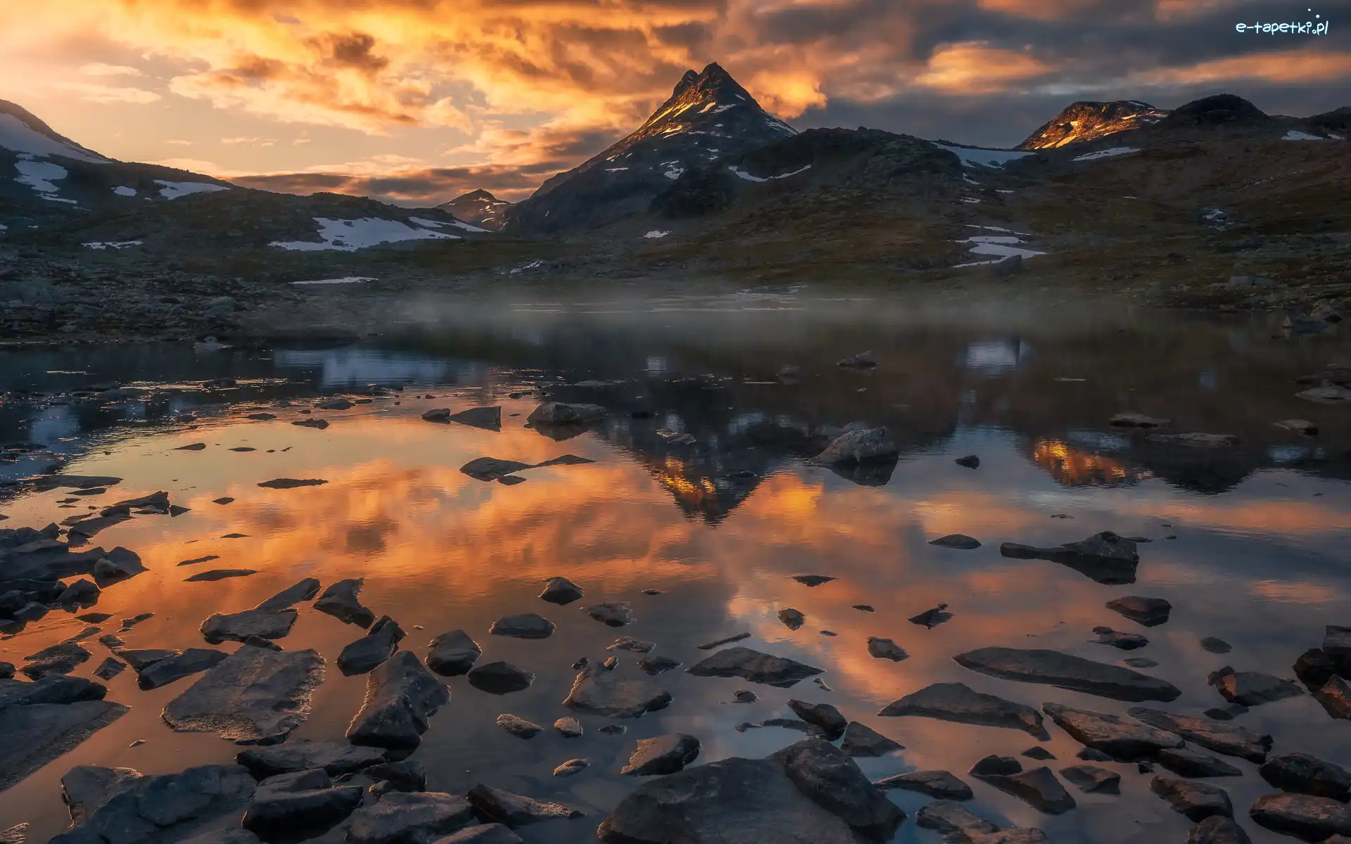 Zachód słońca, Jezioro, Kamienie, Norwegia, Jotunheimen, Góry