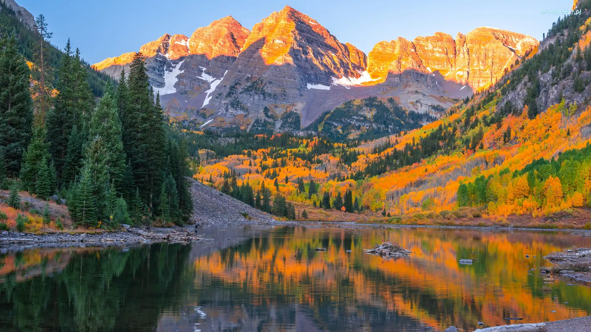 Stan Kolorado, Jezioro Maroon Lake, Drzewa, Stany Zjednoczone, Szczyty Maroon Bells, Góry Skaliste