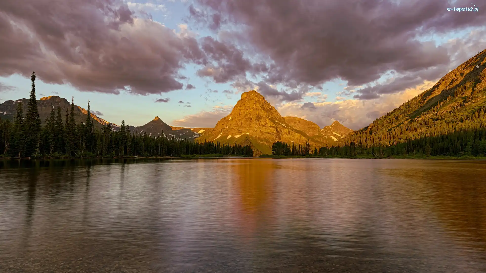 Drzewa, Sinopah Mountain, Góry, Pray Lake, Jezioro, Stany Zjednoczone, Stan Montana, Góra, Park Narodowy Glacier