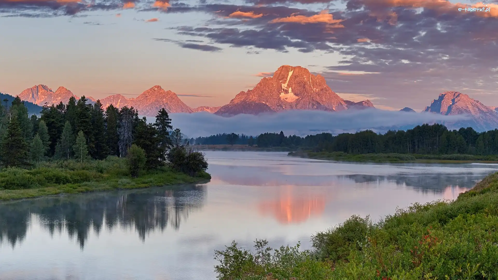 Jesień, Góra Mount Moran, Stany Zjednoczone, Stan Wyoming, Rzeka Snake River, Drzewa, Góry, Park Narodowy Grand Teton
