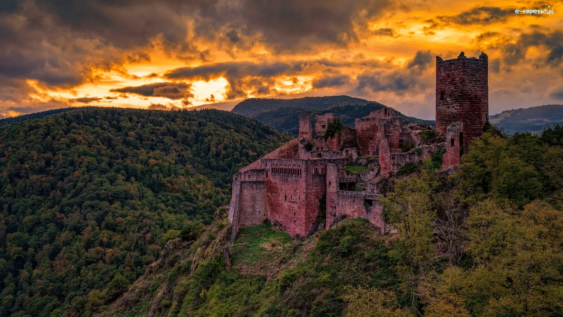 Zachód słońca, Lasy, Castle Saint-Ulrich, Zamek, Ruiny, Francja, Ribeauville, Góry, Chmury