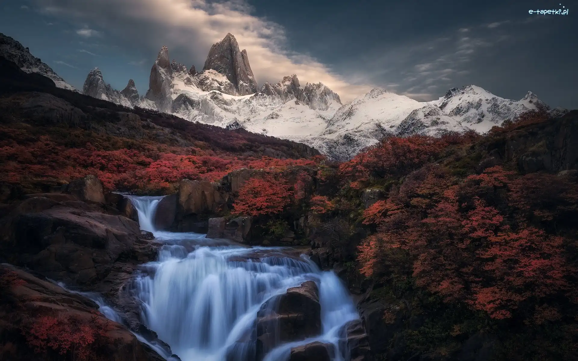 Rzeka, Argentyna, Wodospad, Kałuża, Jesień, Odbicie, Szczyt Fitz Roy, Roślinność, Góry Andy, Patagonia, Kolorowa