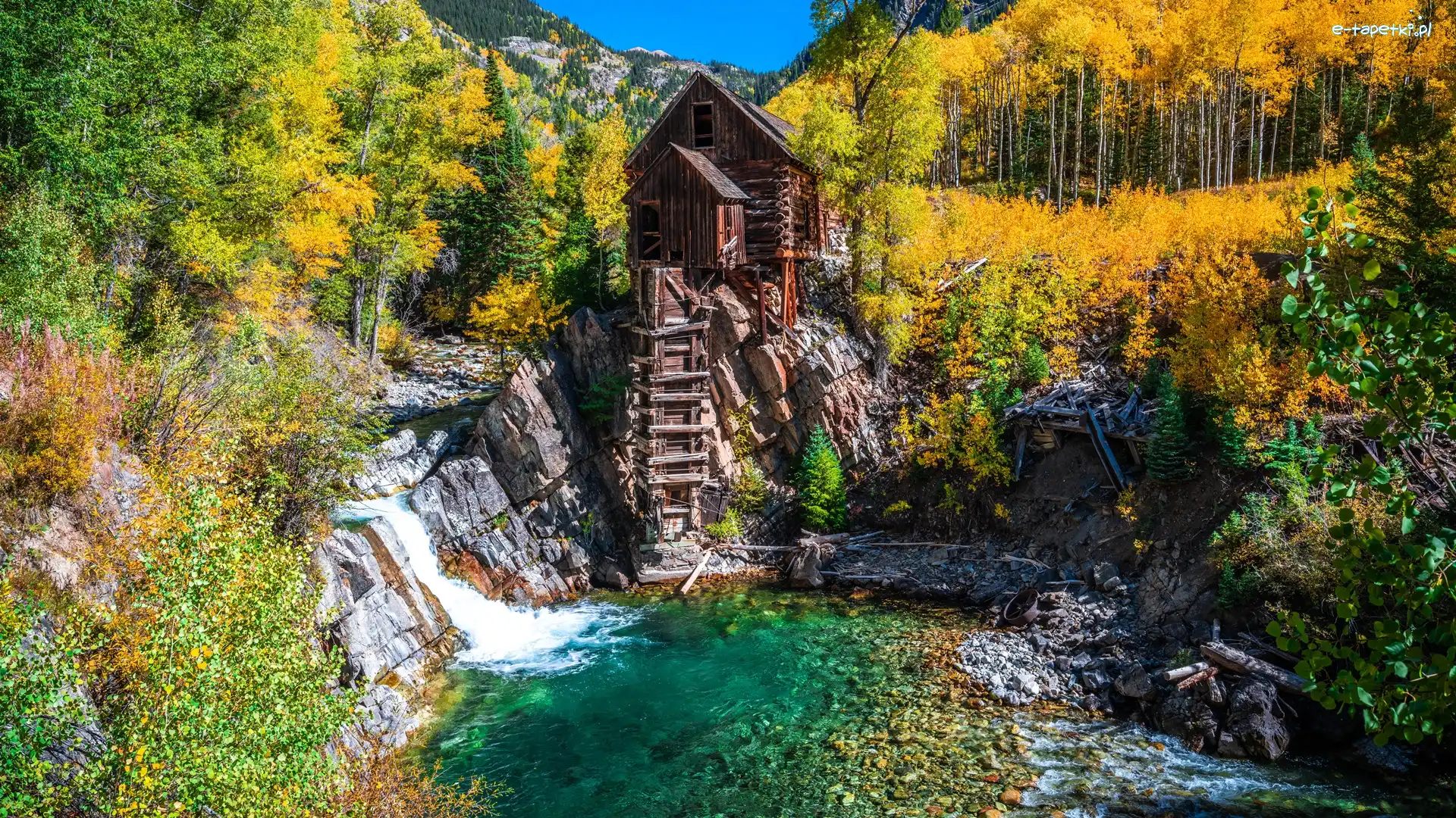 Stany Zjednoczone, Jesień, Skały, Rzeka Crystal River, Młyn Crystal Mill, Kolorado, Drzewa