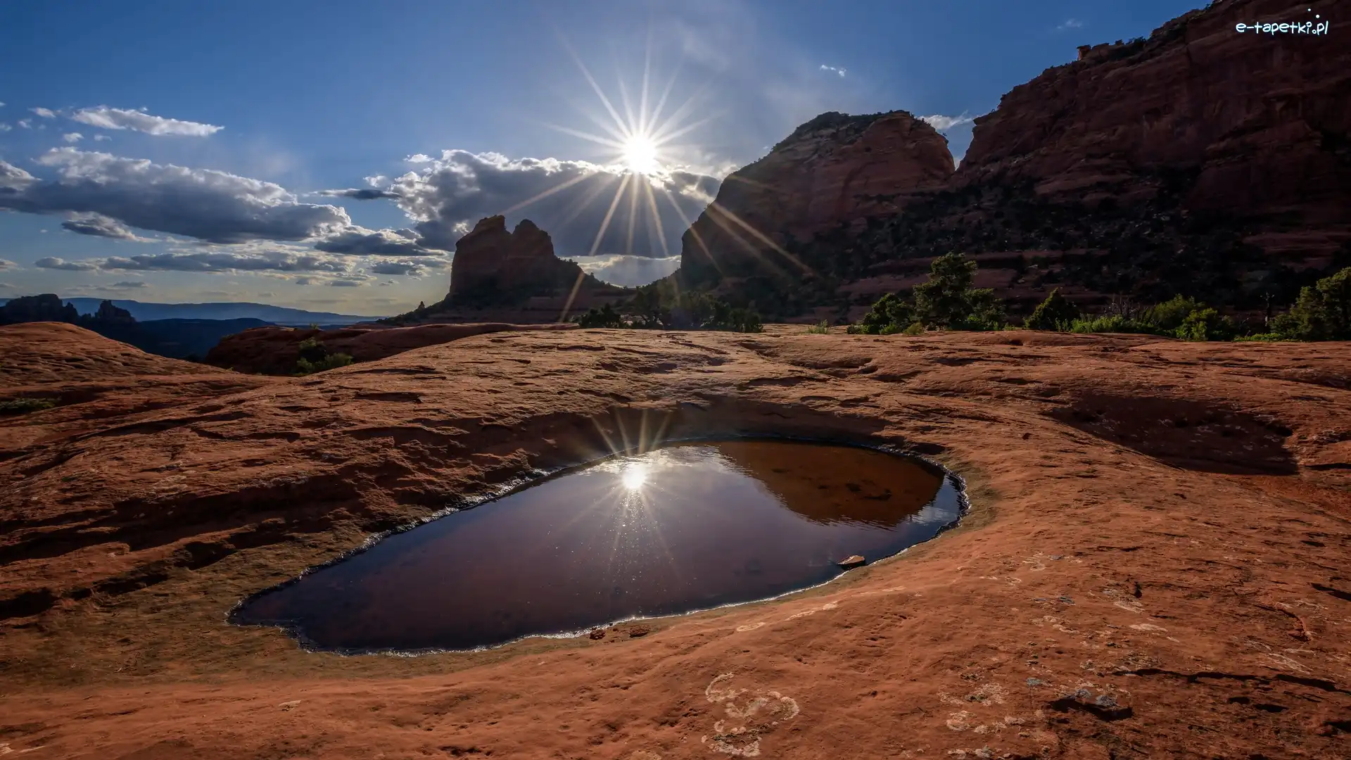 Stany Zjednoczone, Promienie słońca, Chmury, Kałuża, Skały, Arizona, Sedona