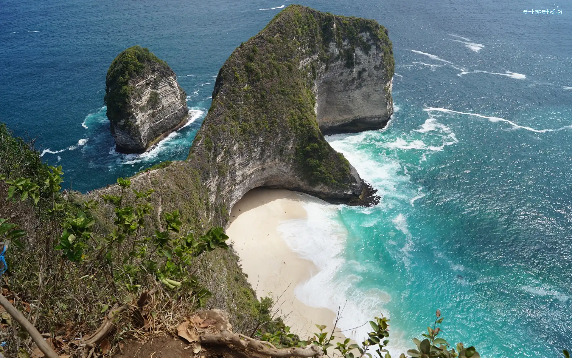 Indonezja, Plaża Kelingking Beach, Morze, Skały, Klif, Nusa Penida, Roślinność