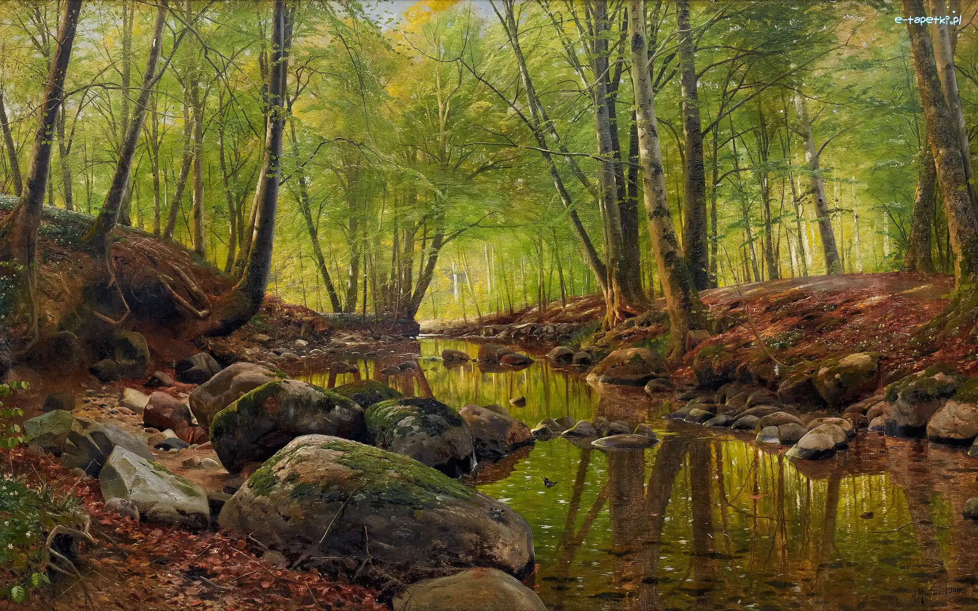 Kamienie, Peder Mork Monsted, Rzeka, Malarstwo, Obraz, Drzewa, Las